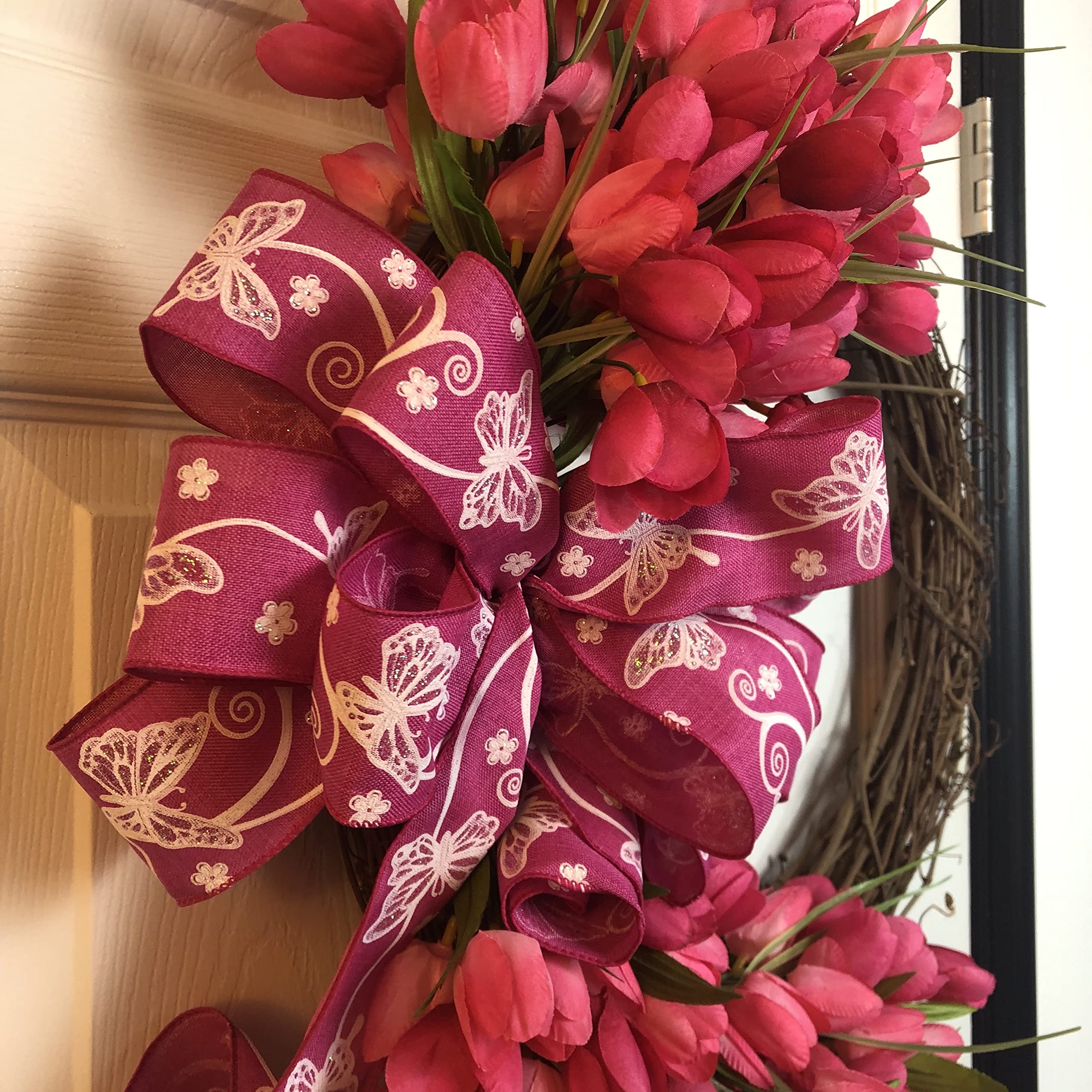 Pink Tulip Wreath with Butterfly Bow - Floral Spring Summer Door Decor for Home, Wedding, Party & Garden Decoration
