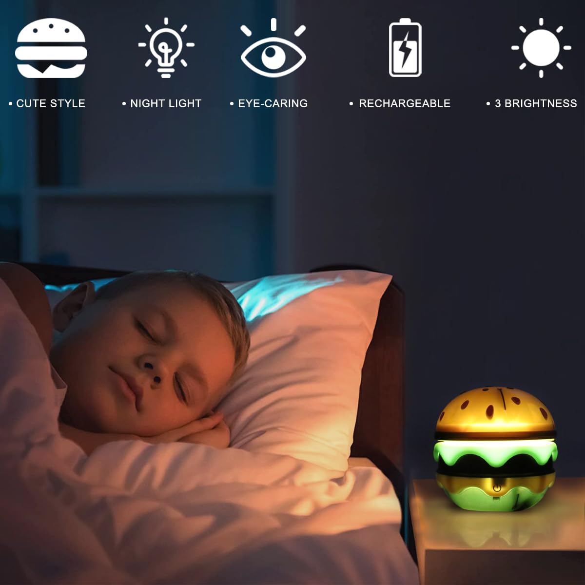 Rechargeable Hamburger Desk Lamp for Kids - Adjustable Neck, Dimmable Touch Switch, Cute Night Light for Nursery, Kawaii Room Decor & Gift for Boys & Girls | Perfect for Bedroom, Study Desk & Kids' Room Decor