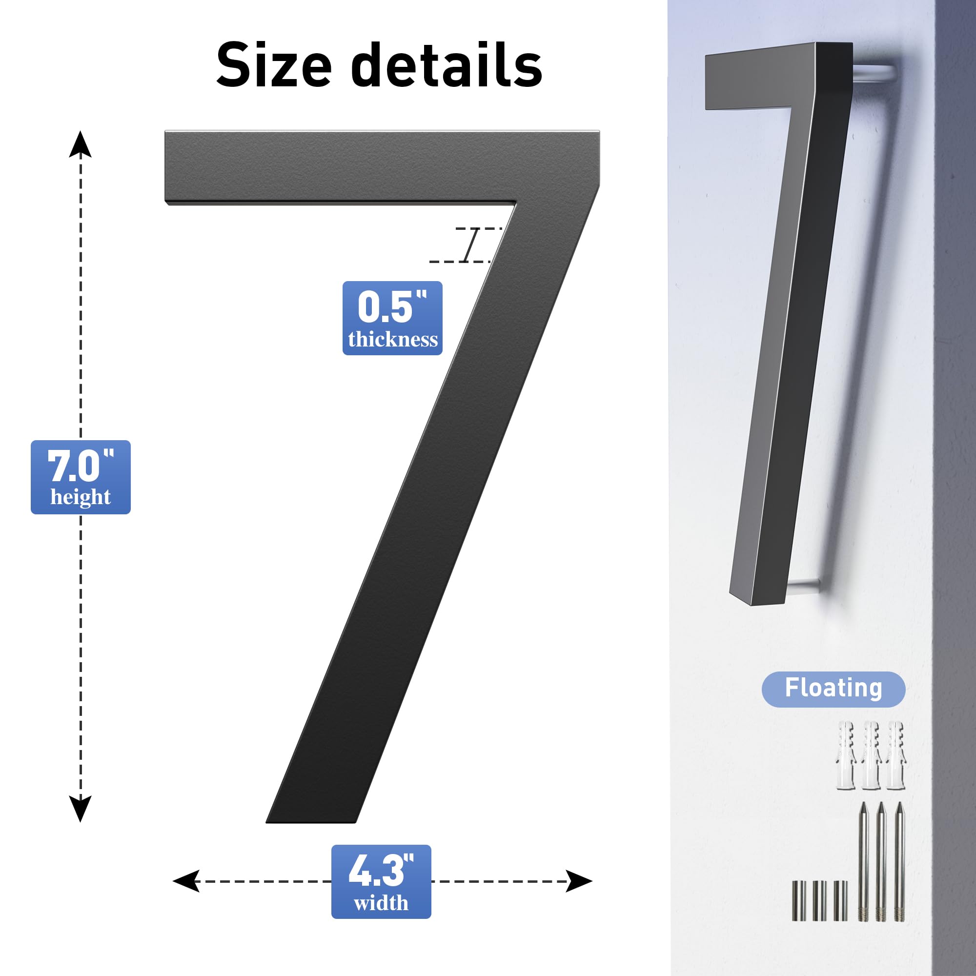 Modern Black 7-Inch Large Metal House Numbers - Floating Exterior Address Plaque for Home, Street & Mailbox (Weatherproof & Easy to Install) | Perfect for Front Door, Porch, Fence & Outdoor Visibility