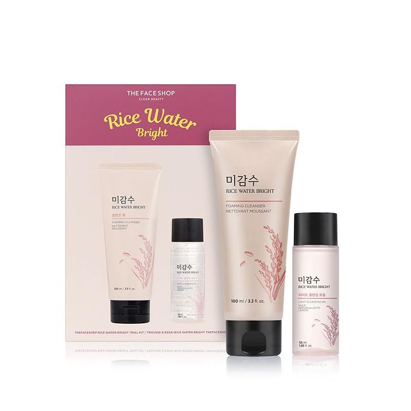 The Face Shop 2 Step Rice Water Bright Kit - Foaming Face Wash 100ml & Cleansing Oil 55ml for Glowing Skin | Korean Skincare Set for Dullness, Dark Spots | Perfect for Morning & Night Routine