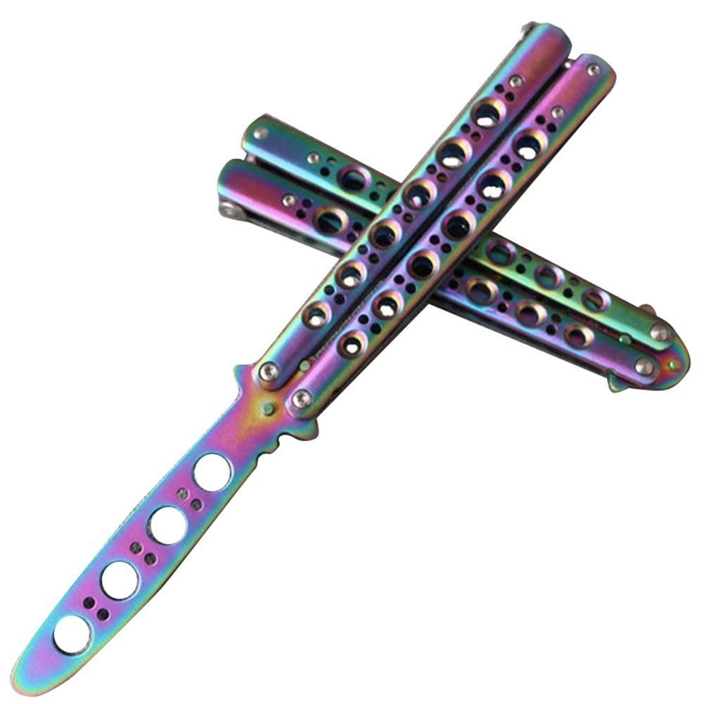 Oliasports Rainbow Practice Balisong - Metal Butterfly Knife Trainer with Dull Blade for Safe Flipping Tricks - Perfect for Beginners, Martial Arts Training & EDC Skill Development