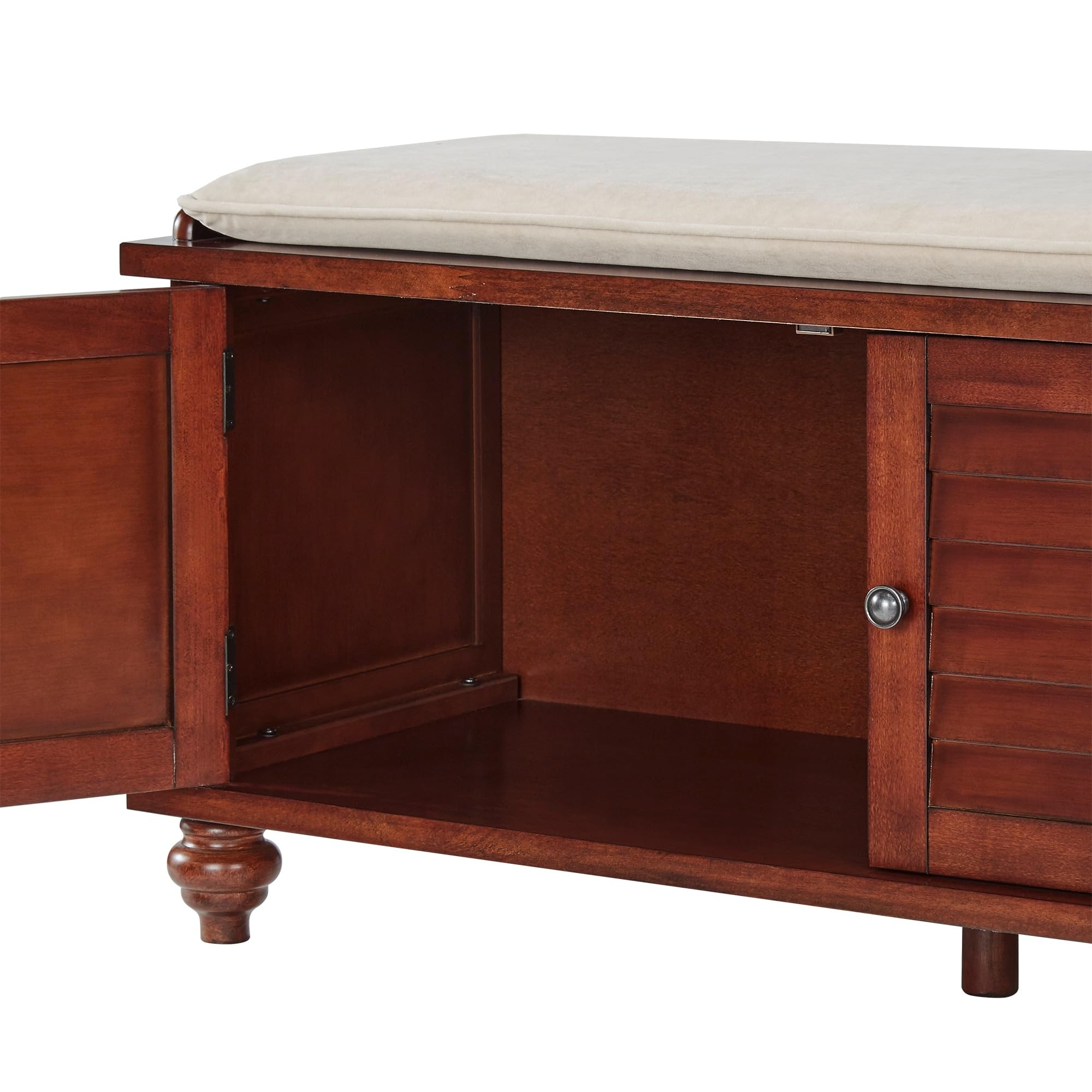 **Inspire Q Maybelle Velvet Cushion Shutter Door Storage Bench - Classic Espresso Finish, Transitional & Farmhouse Style - Perfect for Entryway, Living Room, or Bedroom Storage**