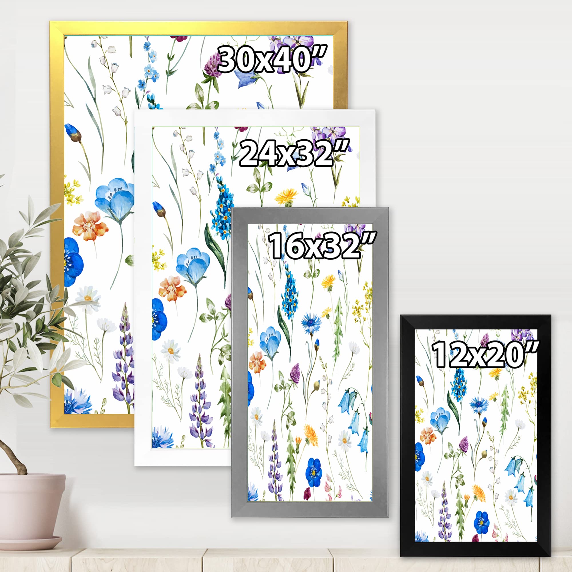 DesignQ Blue Wild Flowers Traditional Framed Wall Art - Hand-Painted Canvas Painting for Living Room, Bedroom & Office Decor