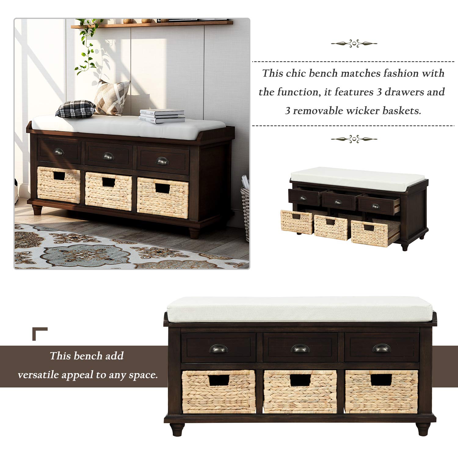 Rustic Wood Storage Bench with 3 Drawers & Baskets - Entryway, Bedroom, Living Room
