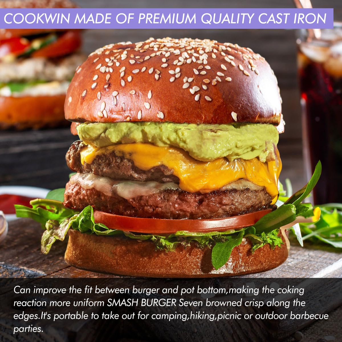 Heavy Duty 7 Inch Cast Iron Burger Press - Smash Burger, Bacon & Sandwich Press with Heat Insulation Handle - Round Hamburger Smasher for Griddle - Includes 50 PC Patty Papers (Perfect for Backyard BBQs, Diner-Style Burgers & Restaurant Cooking)