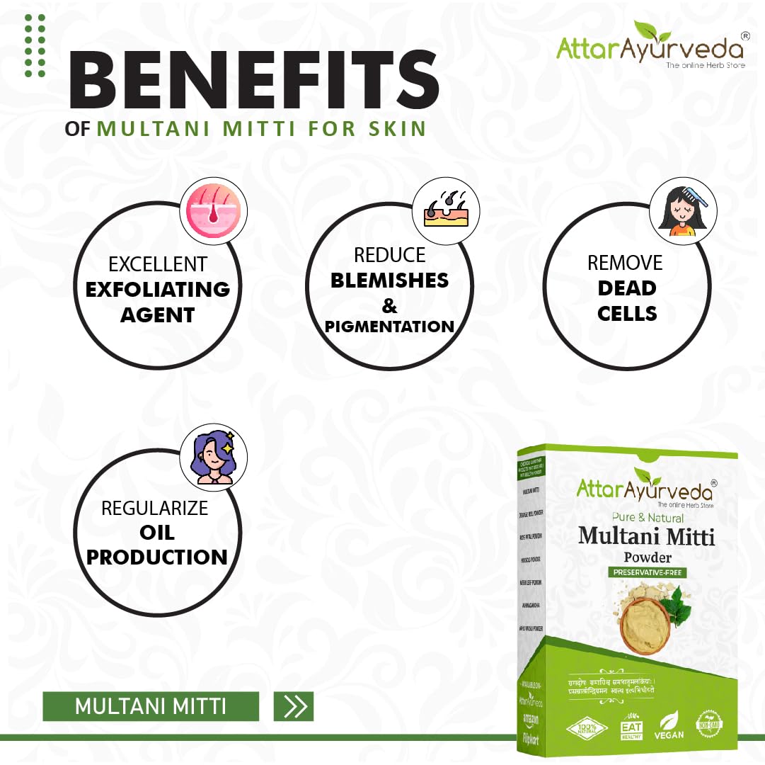 Attar Ayurveda Multani Mitti (Fuller's Earth) Powder - 200g | Natural Clay Mask for Face & Hair Care | Deep Cleansing, Oil Control & Skin Brightening | Perfect for Spa Day & DIY Beauty Treatments