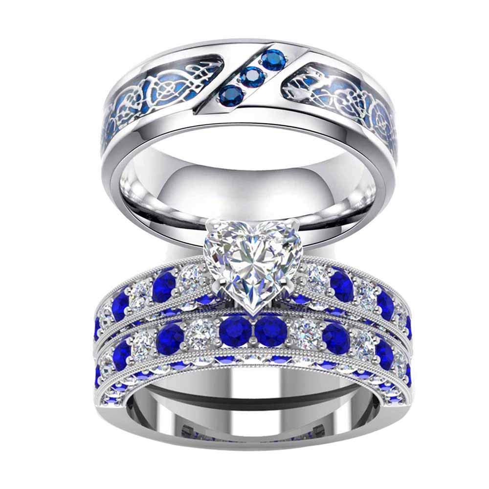 His and Hers Wedding Ring Sets - 925 Sterling Silver & Tungsten Carbide Couples Bands with Heart CZ, Brushed Finish - Perfect for Engagements, Anniversaries, and Romantic Gifts