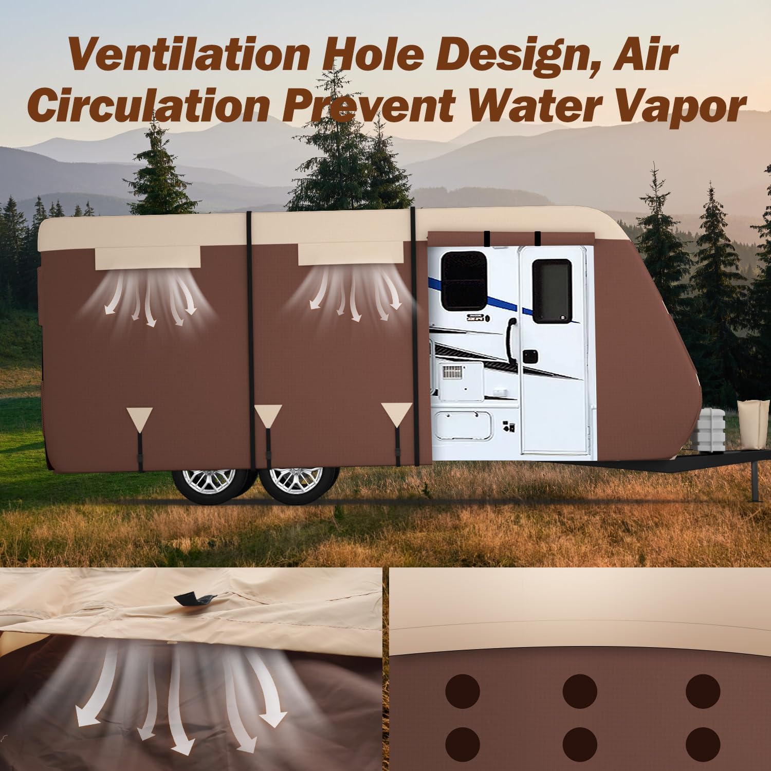 18'-20' RV Cover Travel Trailer Camper Cover - 7-Layer Windproof Waterproof Rip-Stop Fabric with Tongue Jack Cover & Gutter Protection | Includes Extra Windproof Ropes (Brown) | Perfect for Outdoor Storage & Winter Protection