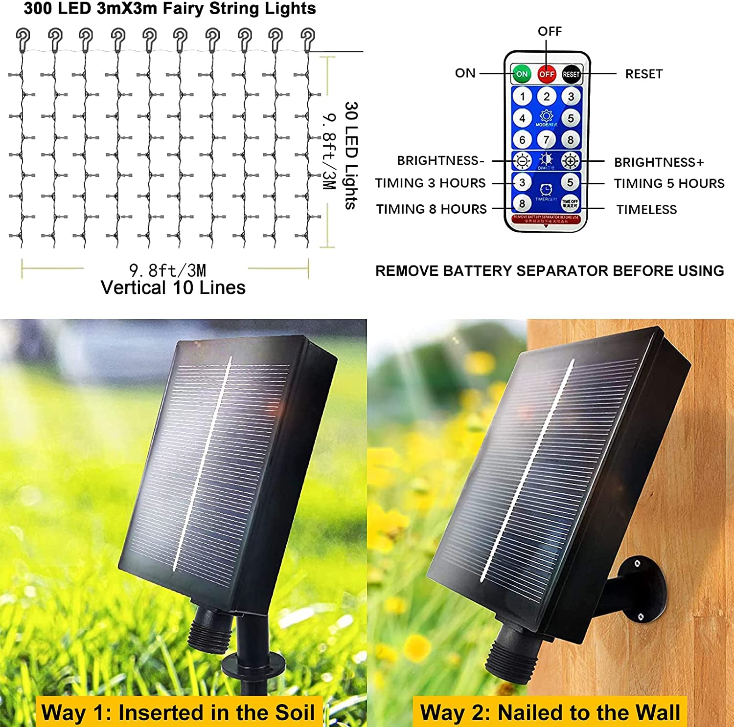300 LED Solar Fairy String Lights Outdoor - Waterproof Remote Control 8 Modes Solar Powered Curtain Lights for Garden, Patio, Gazebo, Wedding, Christmas Decor | Perfect for Backyard, Party, Wall & Festival Decorations (White)