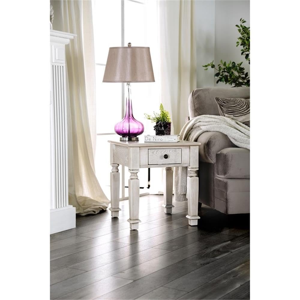 BOWERY HILL Farmhouse Wood 1-Drawer End Table in Antique White - Rustic Nightstand for Bedroom, Living Room & Office - Side Table with Storage for Home Decor