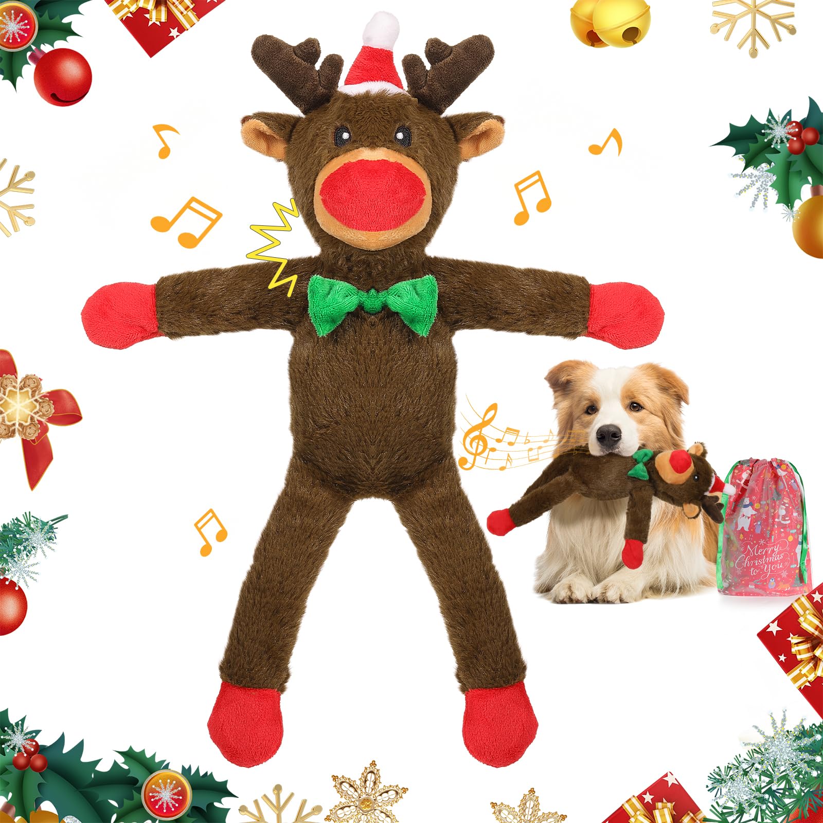 Christmas Squeaky Dog Toys - Xmas Reindeer Plush Chew Toy with Squeakers for Small & Medium Dogs | Puppy Teething Toy with Chew Guard | Holiday Pet Gift for Indoor Play & Training (Dark Brown)