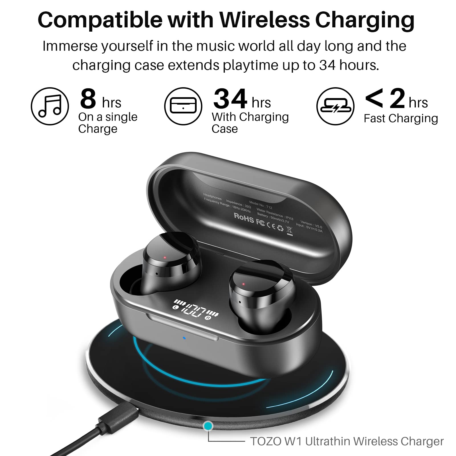 TOZO T12 Wireless Earbuds Bluetooth 5.3 - Premium Sound, Touch Control, LED Display, Wireless Charging Case (Black) | Noise Cancelling Headphones for Workout, Running, Travel & Daily Use