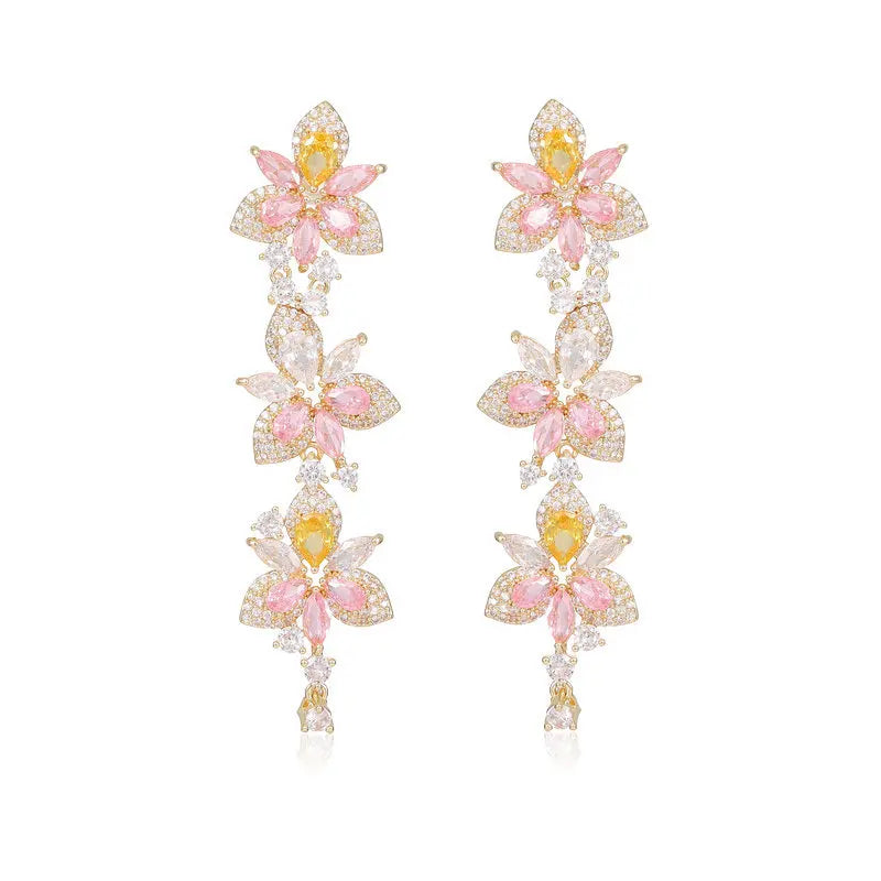 Elegant Cubic Zirconia Flower Drop Earrings for Women - Long Banquet Dress Jewelry Accessories - Perfect for Weddings, Parties & Special Occasions