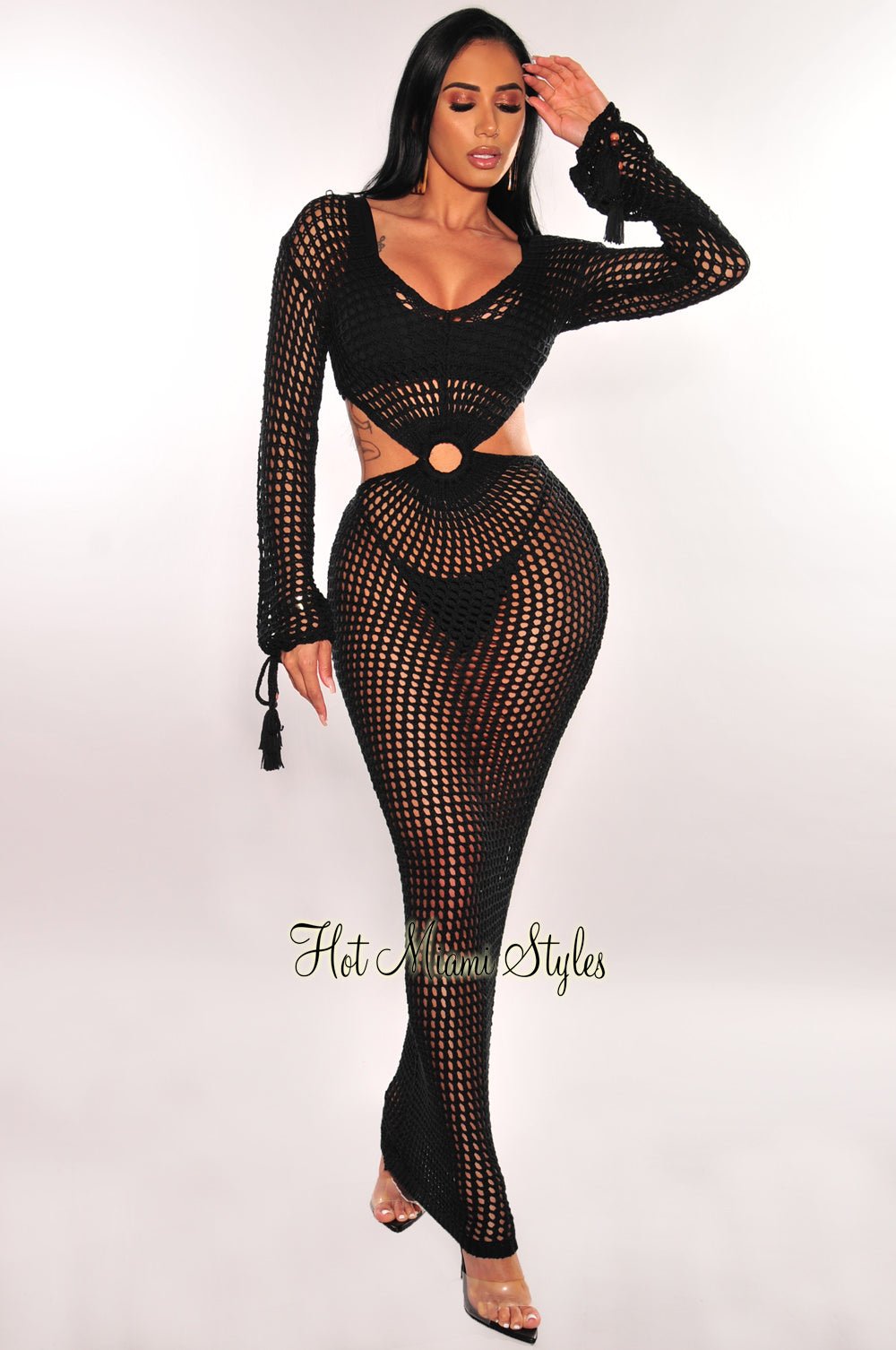 Black Crochet Long Sleeve Cut Out O Ring Maxi Cover Up Dress - Elegant Beachwear for Summer Vacations, Pool Parties and Boho Fashion