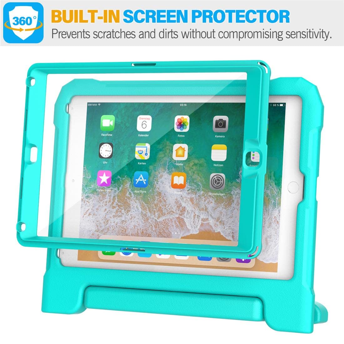 SUPLIK Shockproof Kids iPad Case for iPad 5/6 Gen (9.7 inch 2017/2018), iPad Air 1/2 & Pro 9.7 - Durable Protective Cover with Handle Stand & Screen Protector - Cyan Blue - Perfect for School, Travel & Home Learning