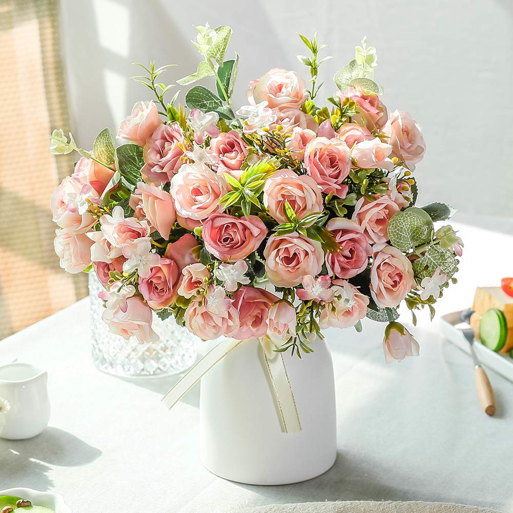 Artificial Silk Rose Flowers with Vase - Realistic Fake Roses for Wedding Bouquets, Home Decor, Office & Party Centerpieces - Elegant Table Decoration (Pink) - Perfect for Weddings, Anniversaries, and Home Staging