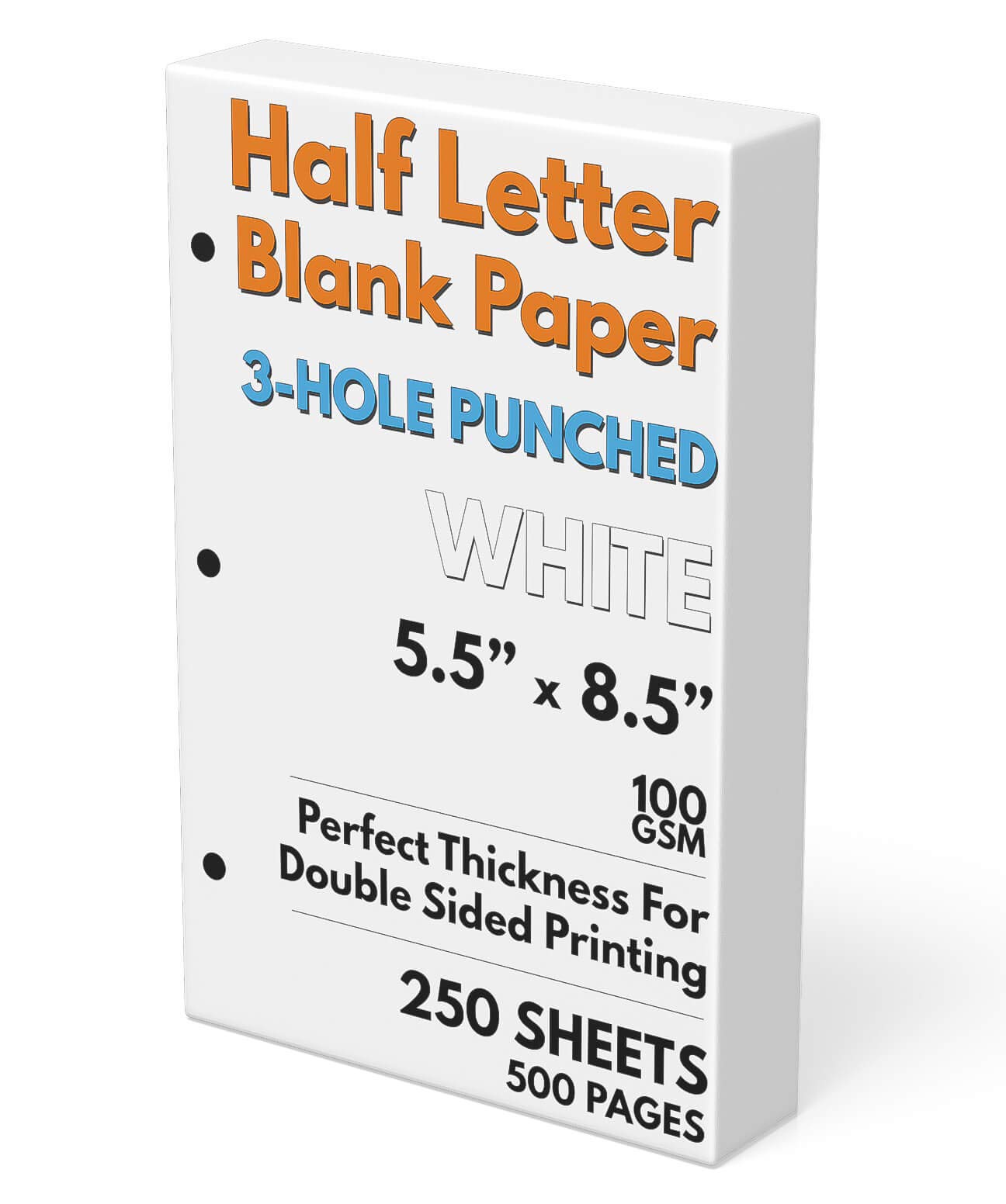 Premium Half Letter Size Blank Paper - 3-Hole Punched 250 Sheets (500 Pages) 100 GSM Printer Paper for Binder Refill - 5.5