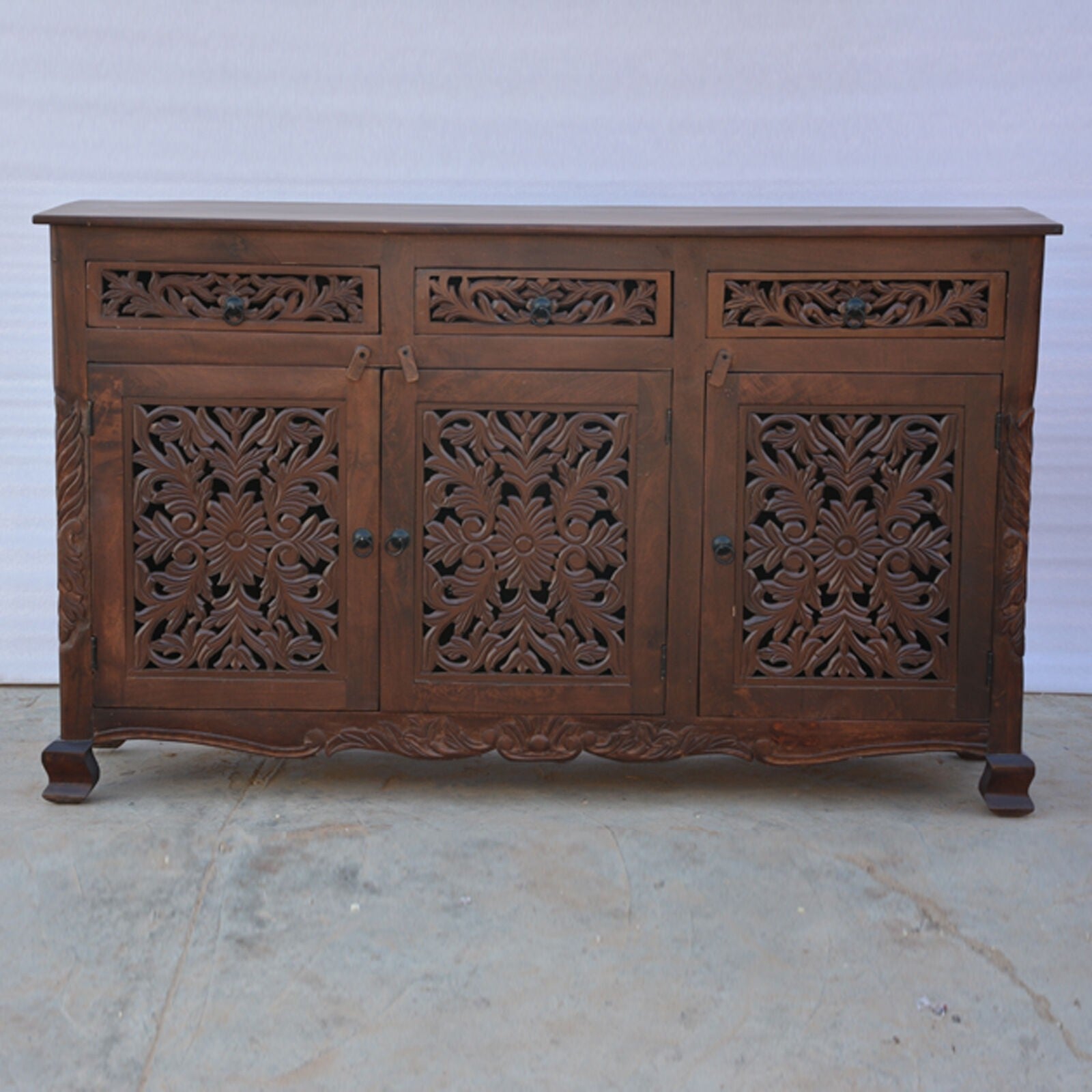 Handcrafted Dynasty Carved Jali Door Solid Wood Sideboard - Brown | Vintage Indian Furniture for Living Room & Dining Room Decor