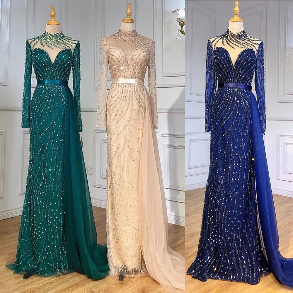 Elegant Muslim Ivory Mermaid Evening Dress with Beaded Skirt - Luxury O-Neck Gown for Women 2025 | Perfect for Weddings, Parties & Special Occasions
