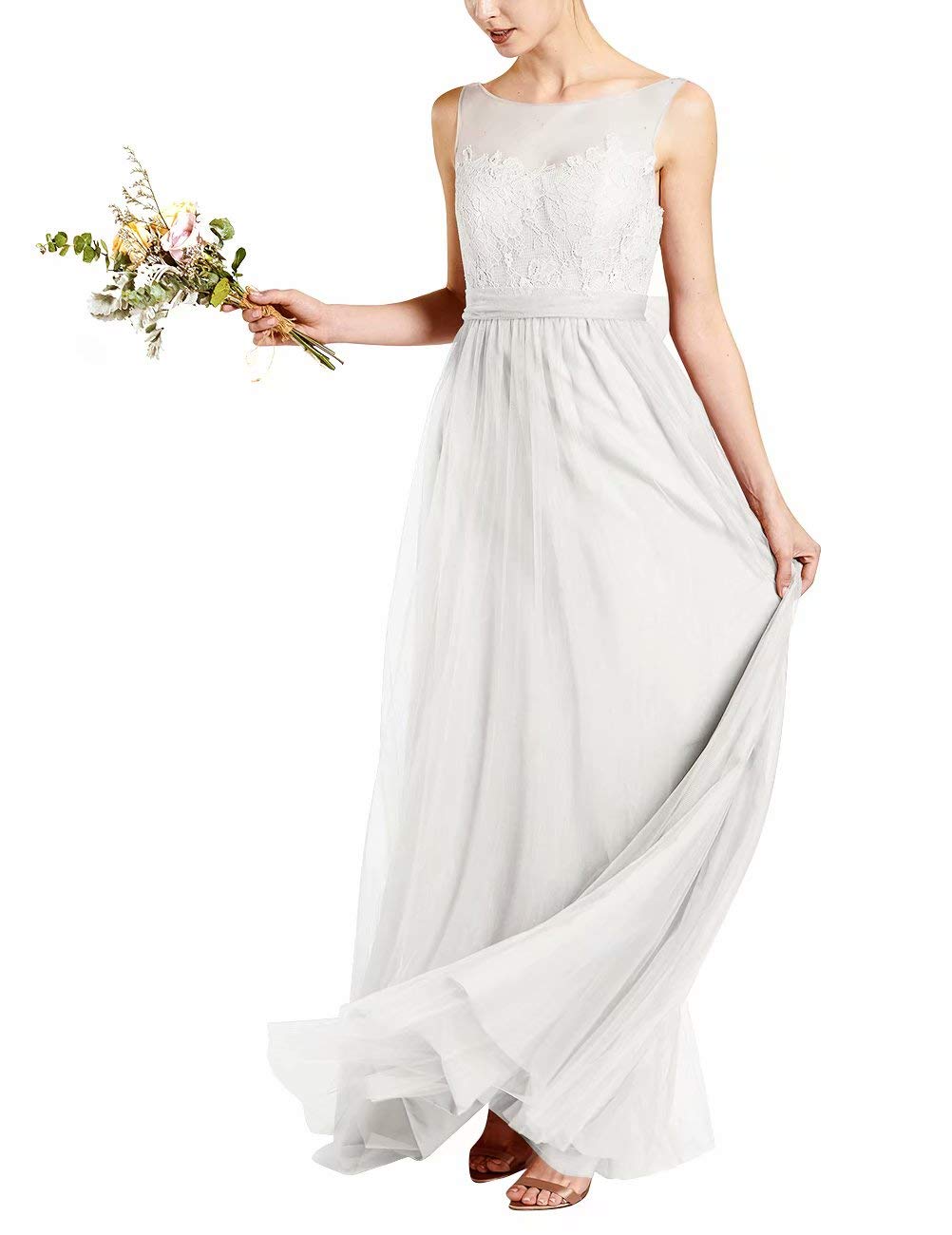 Elegant Women's Tulle Bridesmaid Dresses with Lace Sheer Illusion - Long Prom Gowns & Formal Sleeveless Wedding Dresses for Bridal Party, Evening Galas & Special Occasions