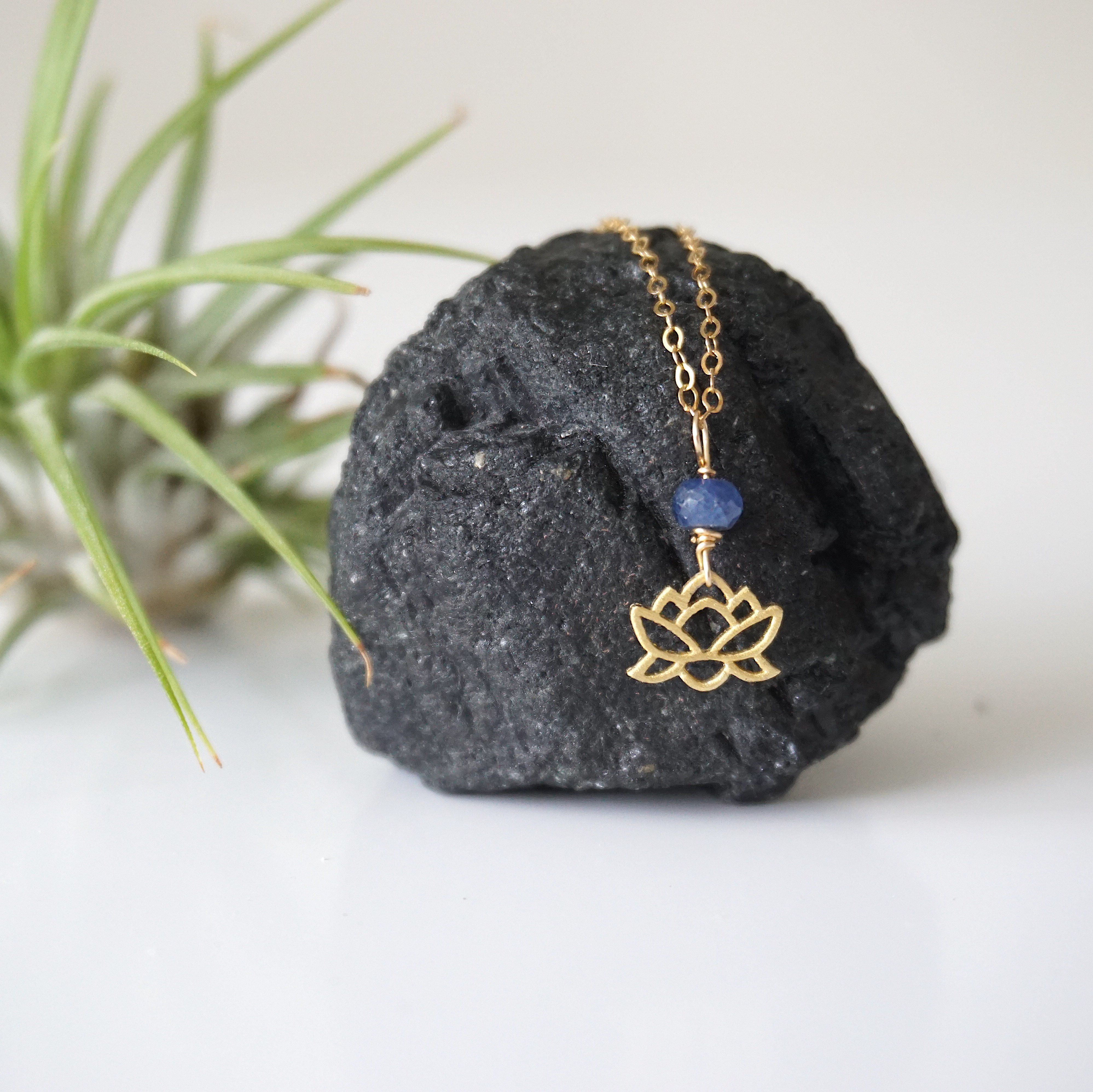 14K Gold Filled Sapphire Bead Lotus Charm Necklace for Women - Elegant Jewelry Gift for Birthday, Anniversary & Special Occasions