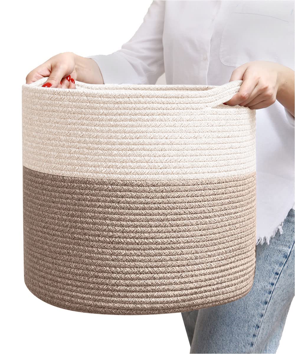 Large Cotton Rope Storage Basket with Handles - 15.8x15.8x13.8 Inch White & Brown Woven Organizer for Blankets, Toys & Nursery | Perfect as Wicker Basket for Home Decor, Living Room & Bedroom Storage