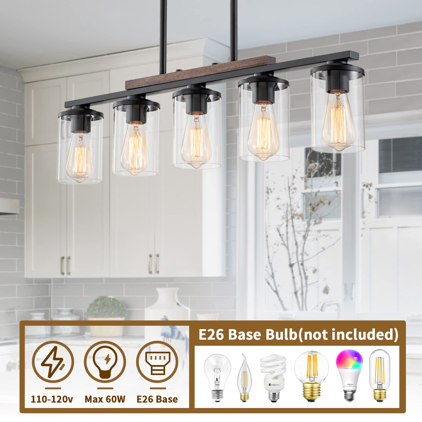 Farmhouse 5-Light Kitchen Island Chandelier - Rustic Wood Frame & Black Metal Finish with Clear Glass Shades - Adjustable Pendant Lighting for Dining Table, Kitchen Island - Perfect for Farmhouse, Rustic & Industrial Style Home Decor