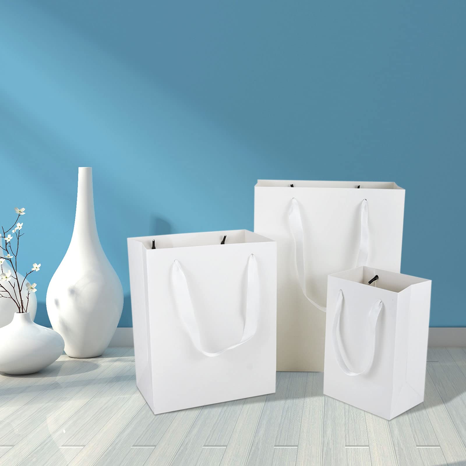 HUAPRINT 30 Pack White Paper Gift Bags with Handles - 5.25x3.75x8 Inch Small Shopping Bags for Retail, Party Favors, Merchandise & Wedding - Perfect for Business, Events and Gift Packaging