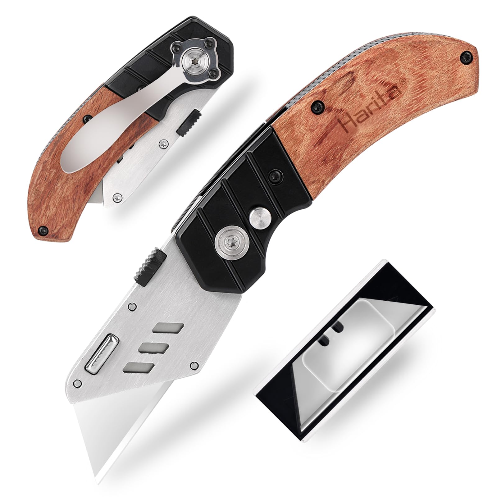 Harita Heavy Duty Utility Knife with Wood Handle - Quick-Change Safety Lock, Includes 5 Extra Blades & Belt Clip - Perfect for Construction, Warehouse, and DIY Projects