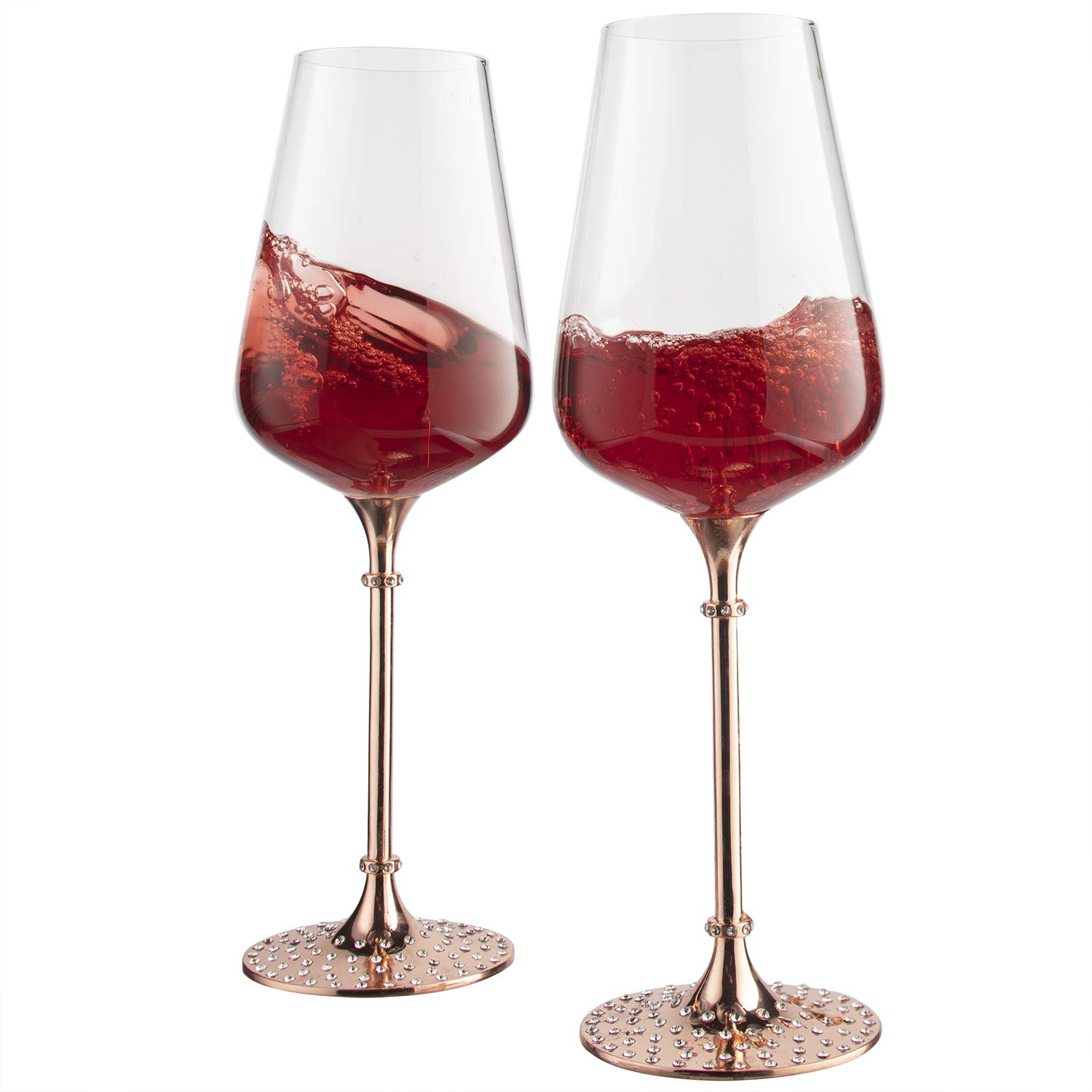 Premium Rose Gold Diamond Studded Wine Glasses Set of 2 - 15oz Elegant Crystal Stemware for Red Wine, Champagne & Cocktails - Perfect for Weddings, Anniversaries & Romantic Dinners - Gift Boxed