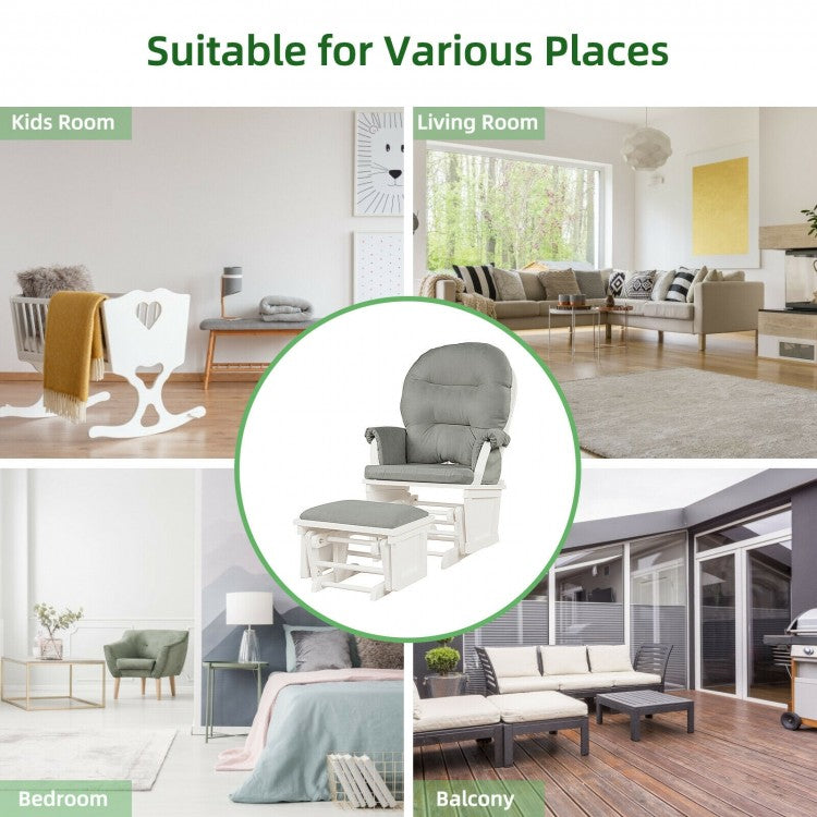 Gray Wooden Baby Glider Rocking Chair with Ottoman & Cushion Set - Padded Armrests for Nursing, Feeding & Nursery Comfort - Perfect for Breastfeeding, Reading & Soothing Baby to Sleep