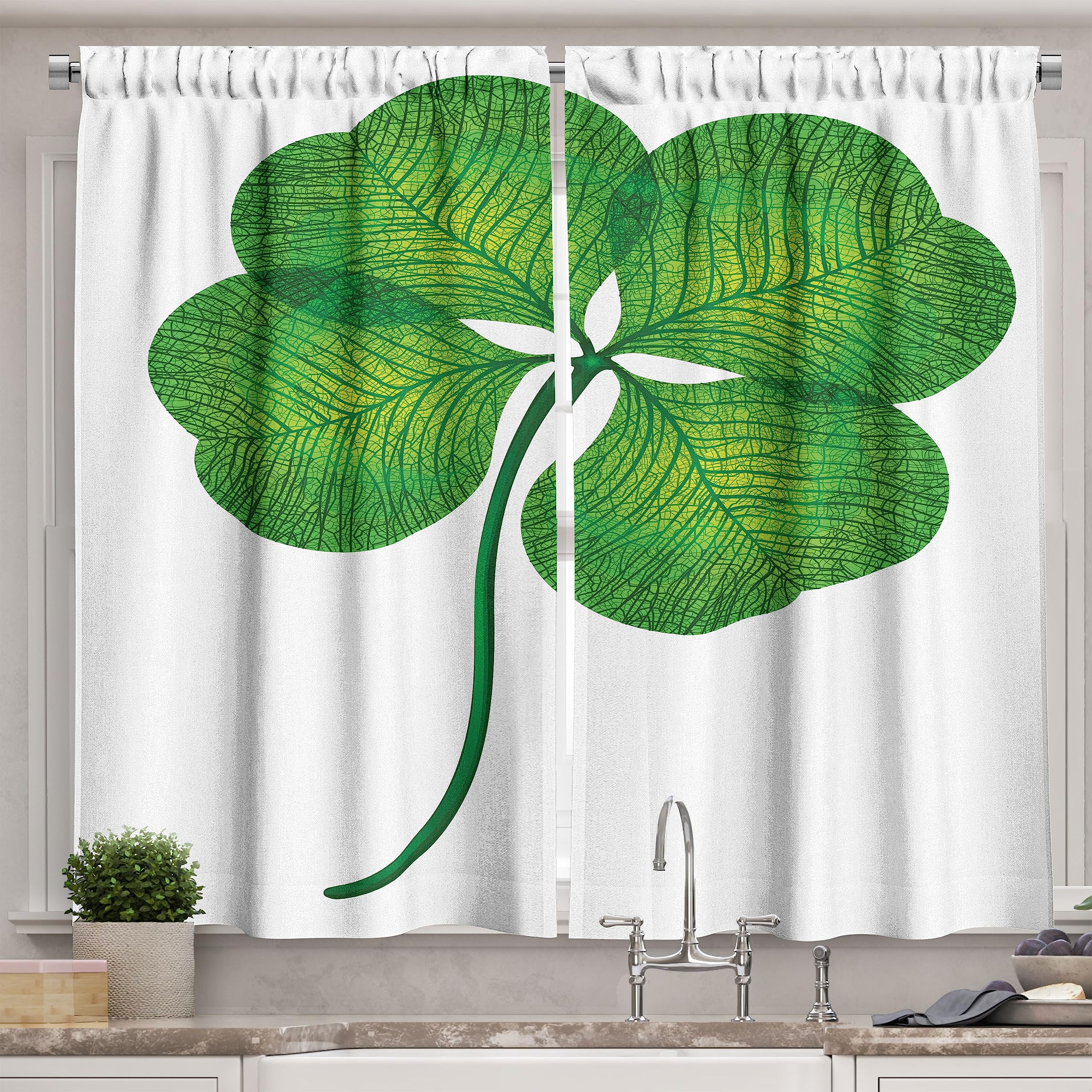 Ambesonne Clover Long Kitchen Curtains - 4 Leaf Shamrock Design, Lucky Fern & Yellow Green Drapes, 55