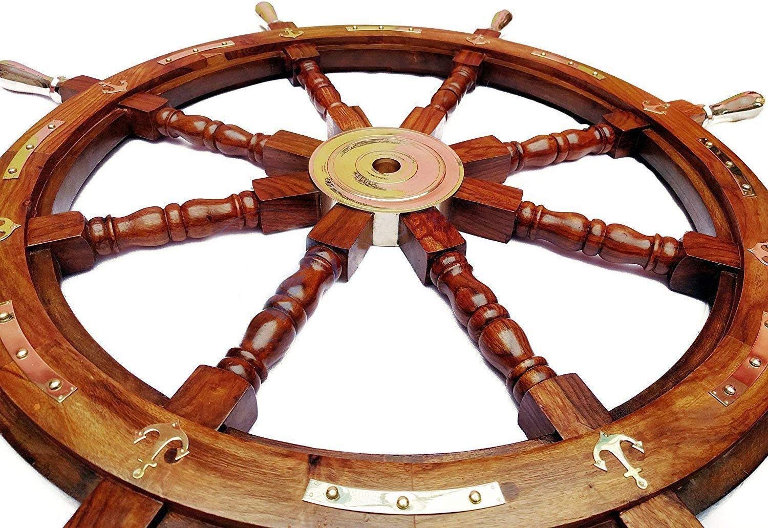 42 Inch Nautical Wood & Brass Decorative Ship Wheel - Rustic Wall Hanging Ornament for Living Room, Office, or Marine-Themed Decor | Perfect for Coastal Home Decor, Beach House Accents, and Captain's Quarters Style