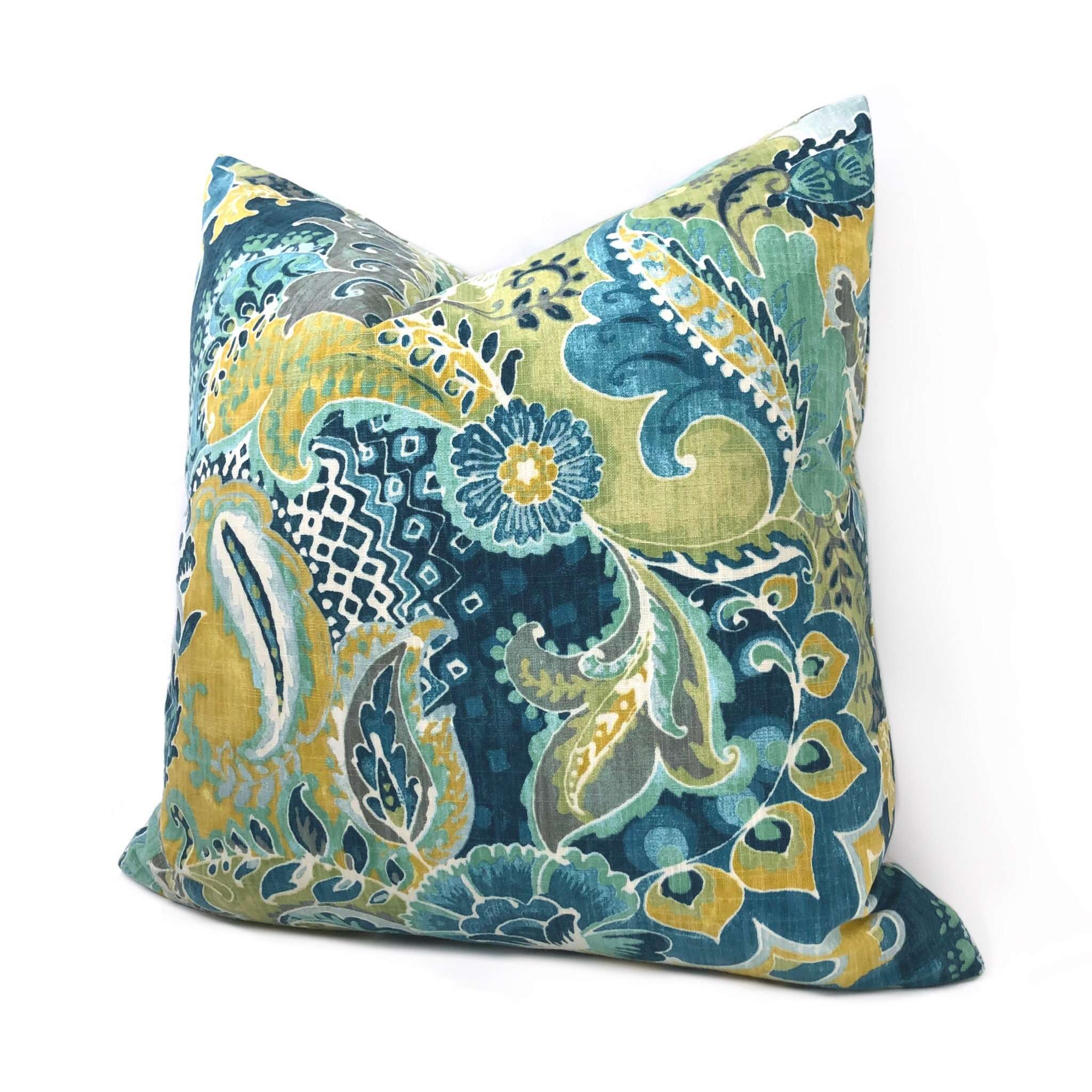 Persephone II Teal Green Yellow Floral Pillow Cover - Decorative Throw Pillow Case for Sofa, Bed, Couch - 18x18 Inch Home Decor Accent