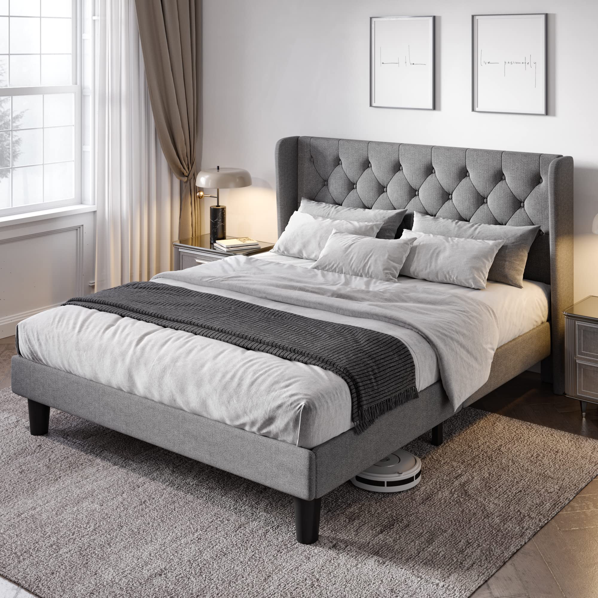 Allewie Queen Size Bed Frame with Button Tufted Wingback Headboard - Modern Upholstered Platform Bed with Solid Wood Slats (No Box Spring Needed) - Easy Assembly, Light Grey - Perfect for Master Bedrooms, Guest Rooms & Modern Apartments