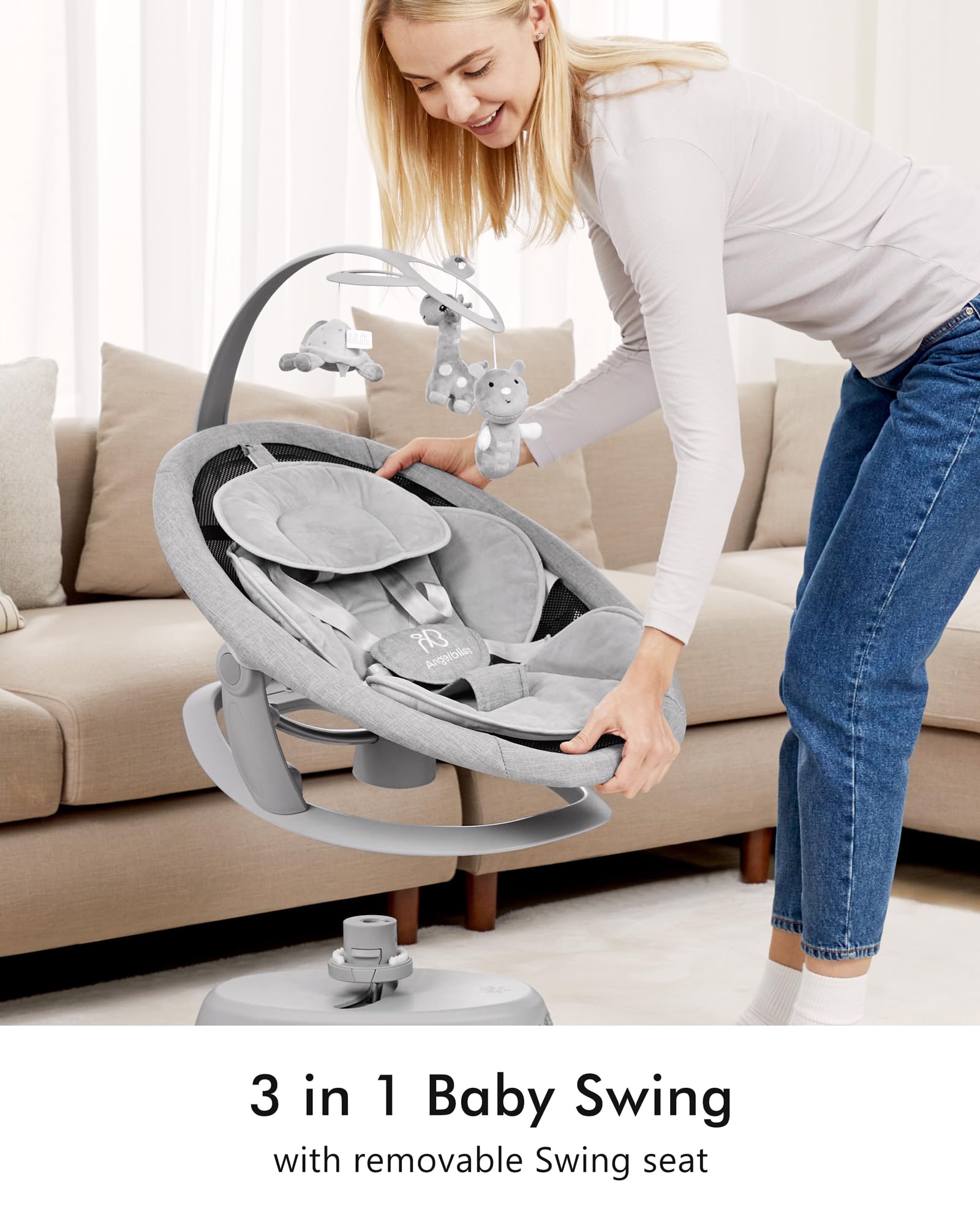 Angelbliss 3-in-1 Baby Swing with Motion Detection | Portable Infant Swing with Removable Rocker & Stationary Seat | Bluetooth Enabled with 3 Soothing Motions (Grey) | Perfect for Nursery, Travel & Calming Fussy Babies