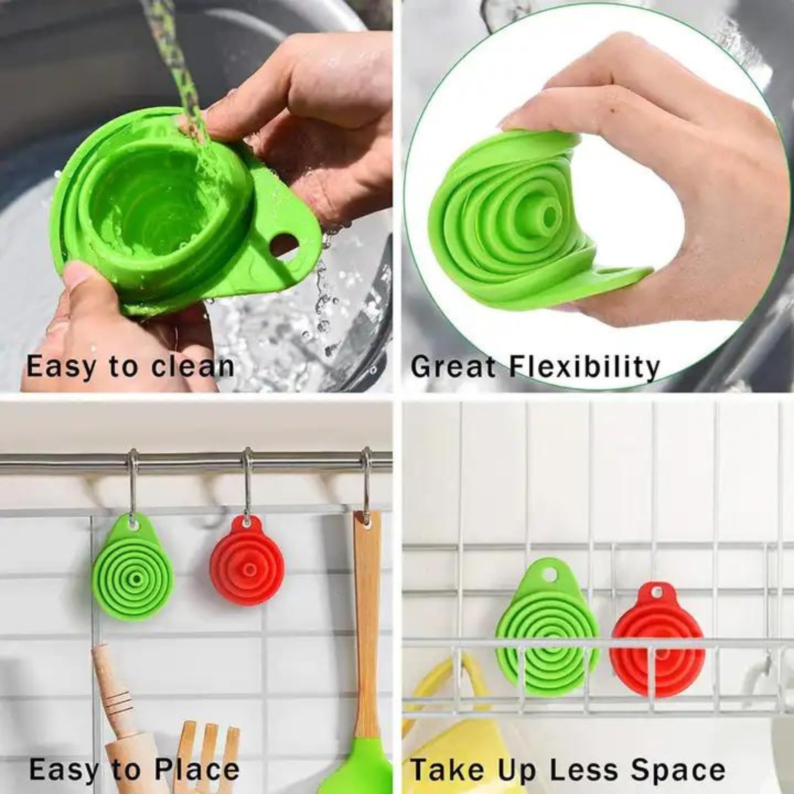 TASMAX Flexible Silicone Funnel - Foldable Mushroom Shape Kitchen Funnel for Oil, Liquids & Powder Transfer - Heat Resistant & Reusable - Pack of 3 - Perfect for Cooking, Baking, Auto Maintenance & DIY Projects