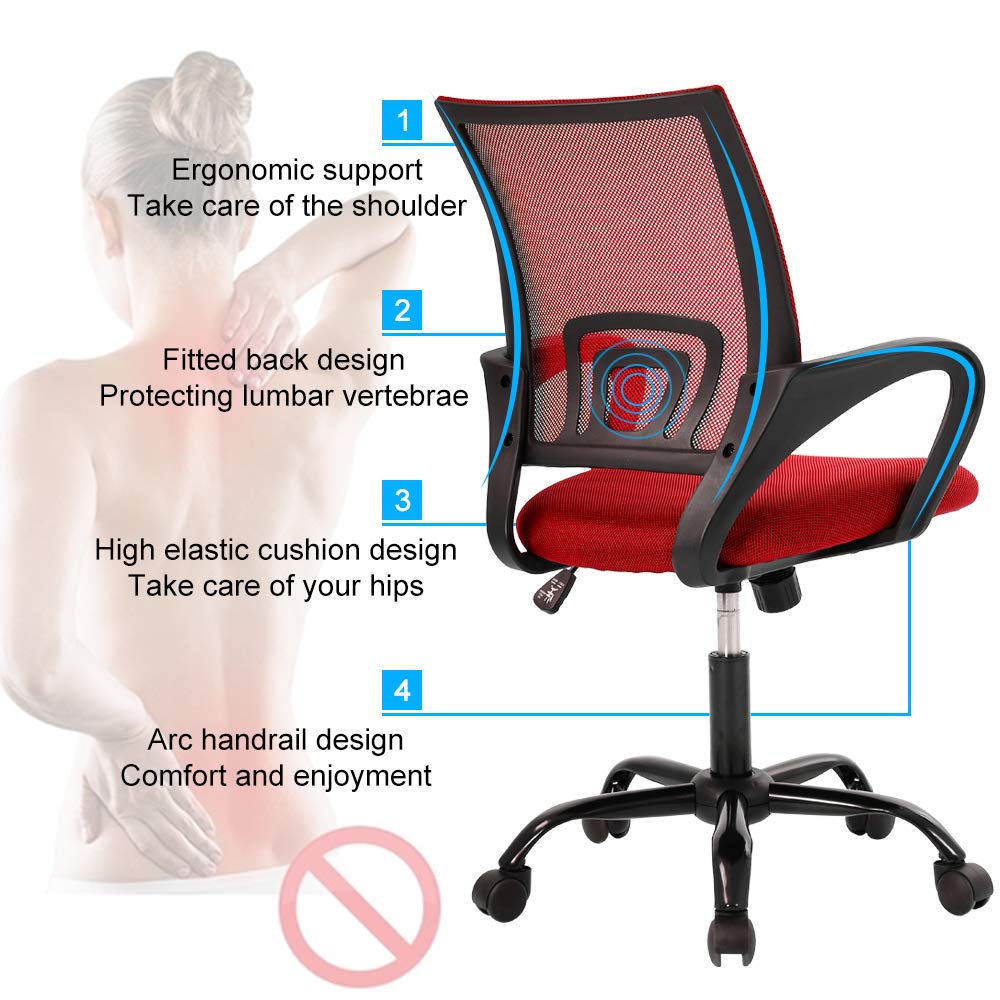 Ergonomic Office Chair with Lumbar Support - Adjustable Mid Back Mesh Computer Chair, Rolling Swivel Task Chair with Arms for Home Office, Working & Meetings (Pink) - Perfect for Long Hours of Comfortable Work & Video Conferencing