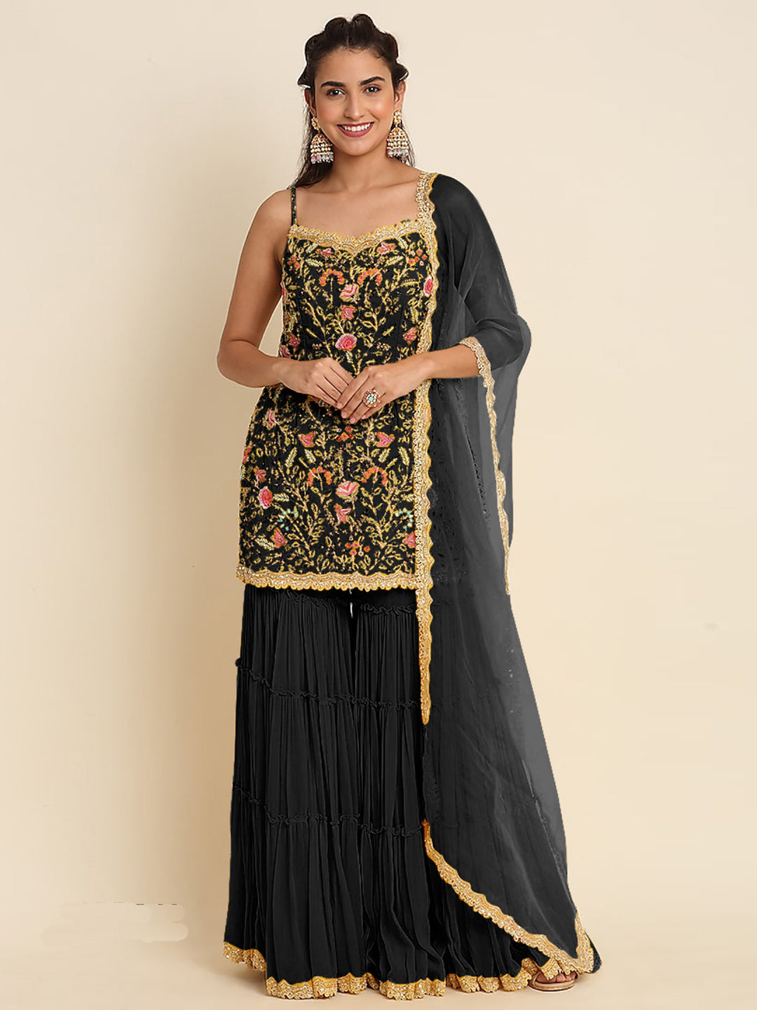 Elegant Black Traditional Designer Semi-Stitched Sharara Suit with Embroidery & Sequins - Perfect for Weddings, Parties & Festive Occasions