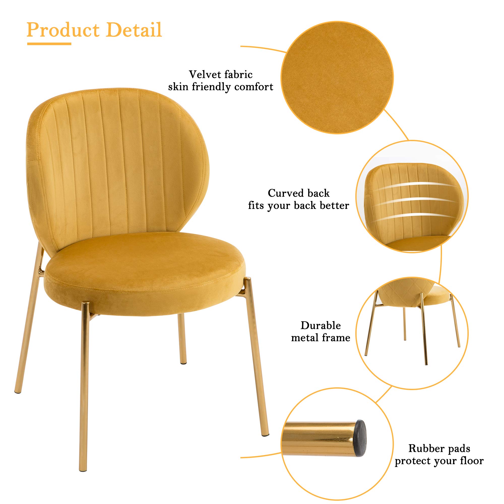 DAGONHIL Mid Century Modern Velvet Dining Chairs Set of 2 - Yellow Upholstered Vanity Chairs with Golden Metal Legs for Kitchen, Dining Room, Living Room & Bedroom - Perfect for Home Decor & Small Spaces (2PCS, Yellow)