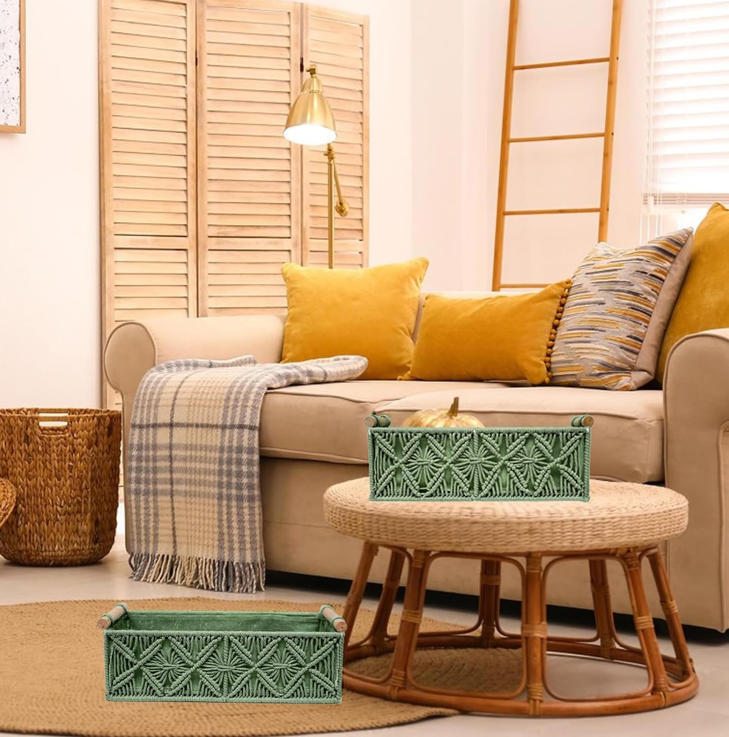 Macrame Boho Decor Baskets - Set of 2 Green Woven Storage Baskets for Home Organization | Perfect for Countertop, Toilet Paper, Tank Top Storage in Bedroom, Nursery, Living Room & Entryway Decor