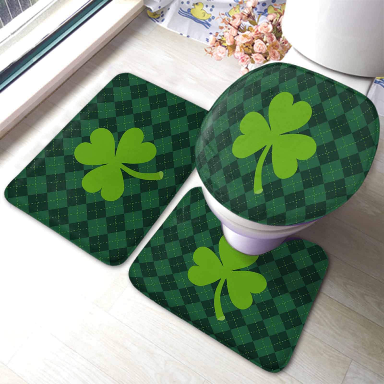 Premium 3-Piece Green Clover Bathroom Rug Set - Non-Slip Bath Mat, U-Shaped Contour Rug & Toilet Lid Cover - St. Patrick's Day Decor for Bathroom, Home & Holiday Celebrations