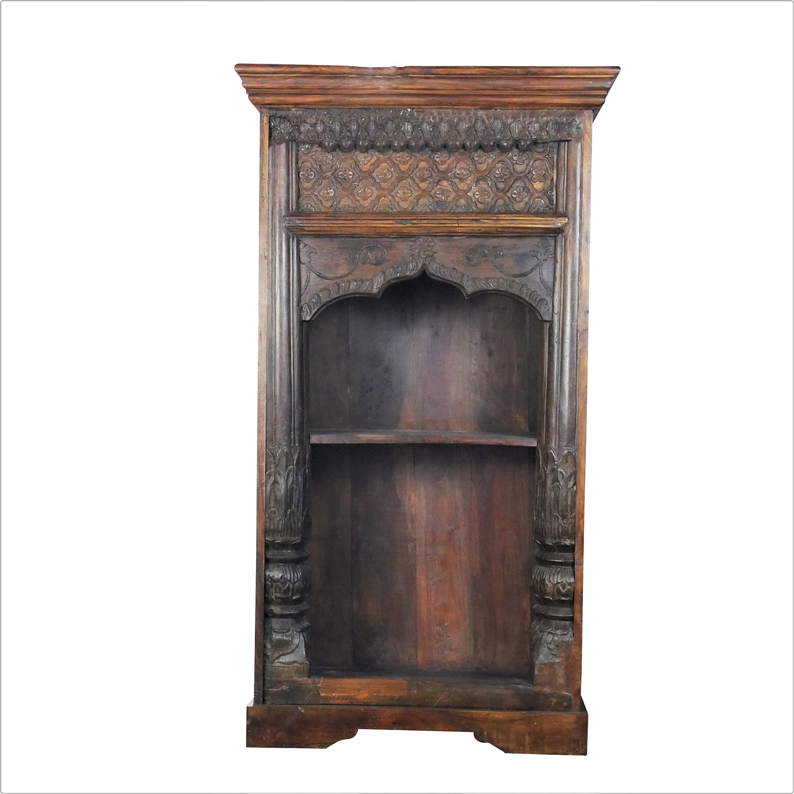 Antique Carved Teak Wood Arch Columns Open Shelf Display Cabinet - Vintage Home Decor for Living Room, Bedroom & Office Storage