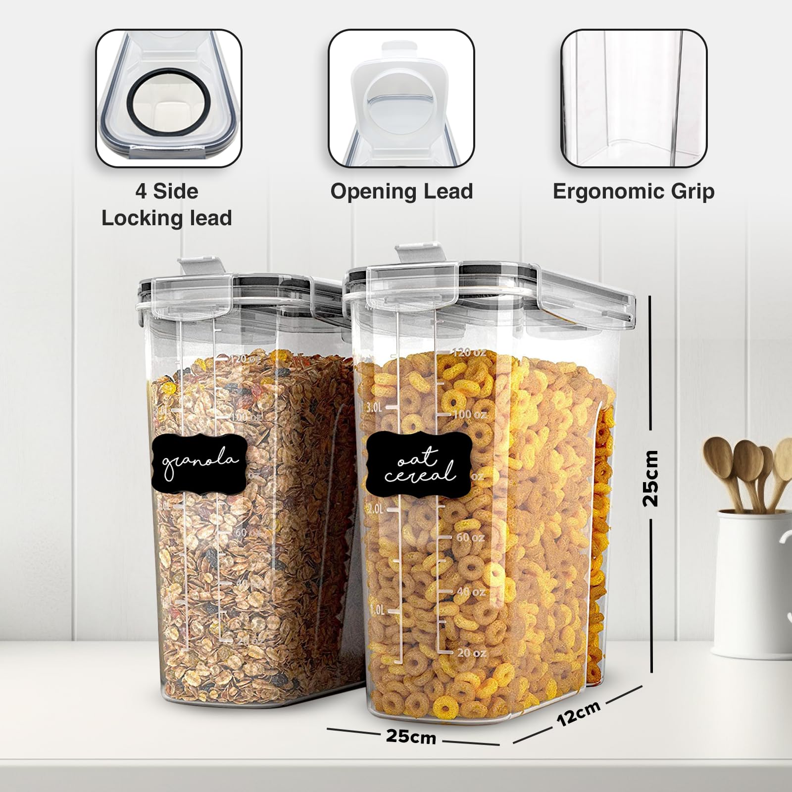 AEX 4-Pack Airtight Food Storage Containers for Cereal, Sugar, Flour & Snacks - Leak-Proof with Black Locking Lids - Perfect for Pantry Organization, Kitchen Storage & Bulk Food Dispensing