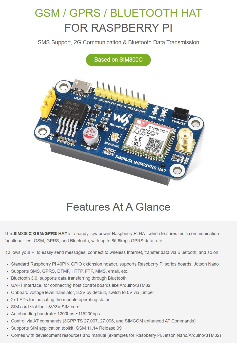 Waveshare GSM/GPRS HAT for Raspberry Pi 5/4B/3B/Zero/Zero W/Zero 2W/Pico/Pico W/Pico WH & Jetson Nano | SIM800C 2G Module with SMS & Data Transfer | IoT Projects, Remote Monitoring & Smart Home Applications