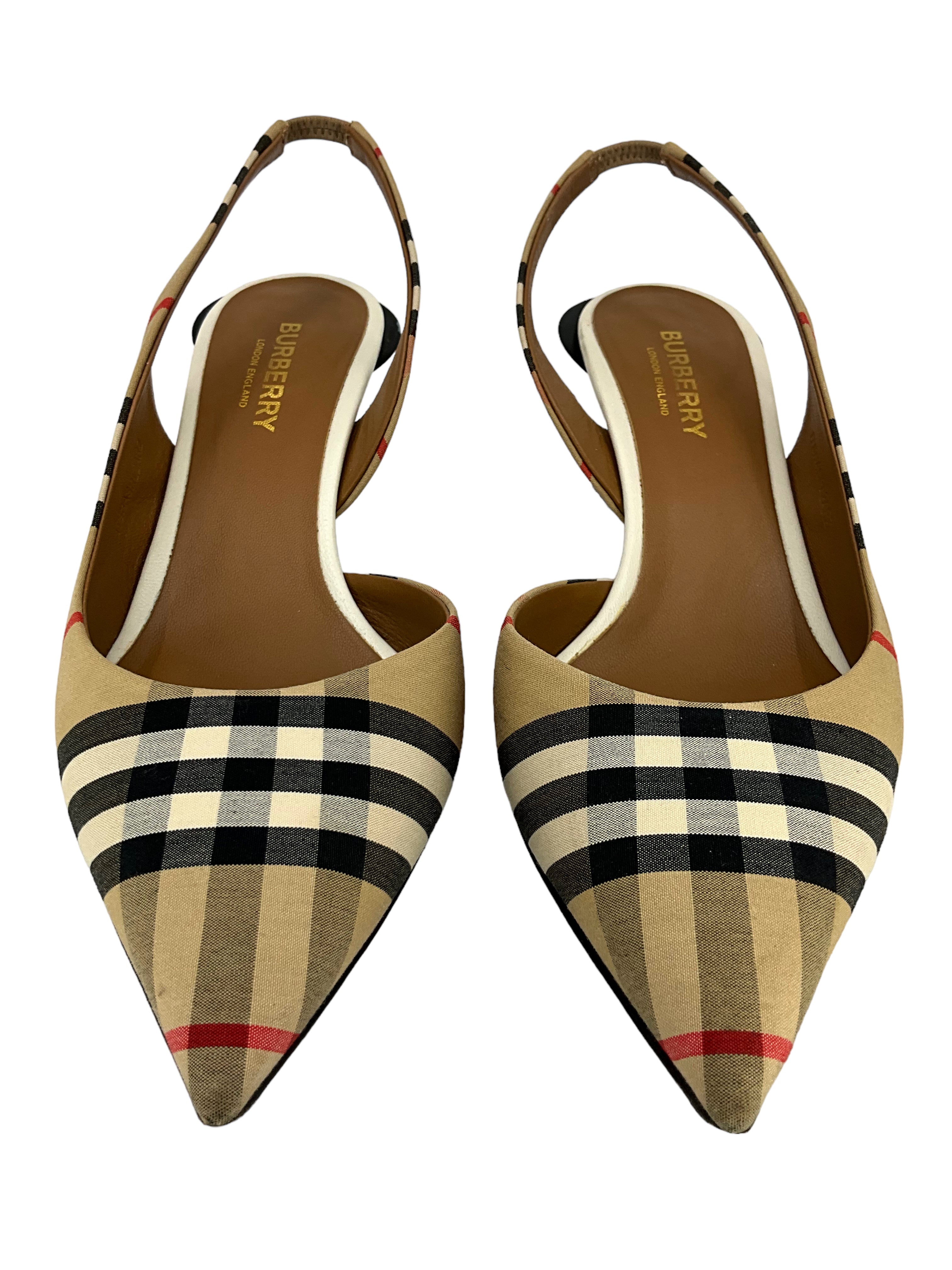 BURBERRY Nova Check Pattern Canvas Slingback Pumps Women's Size 6.5 - Perfect for Office, Party & Formal Occasions