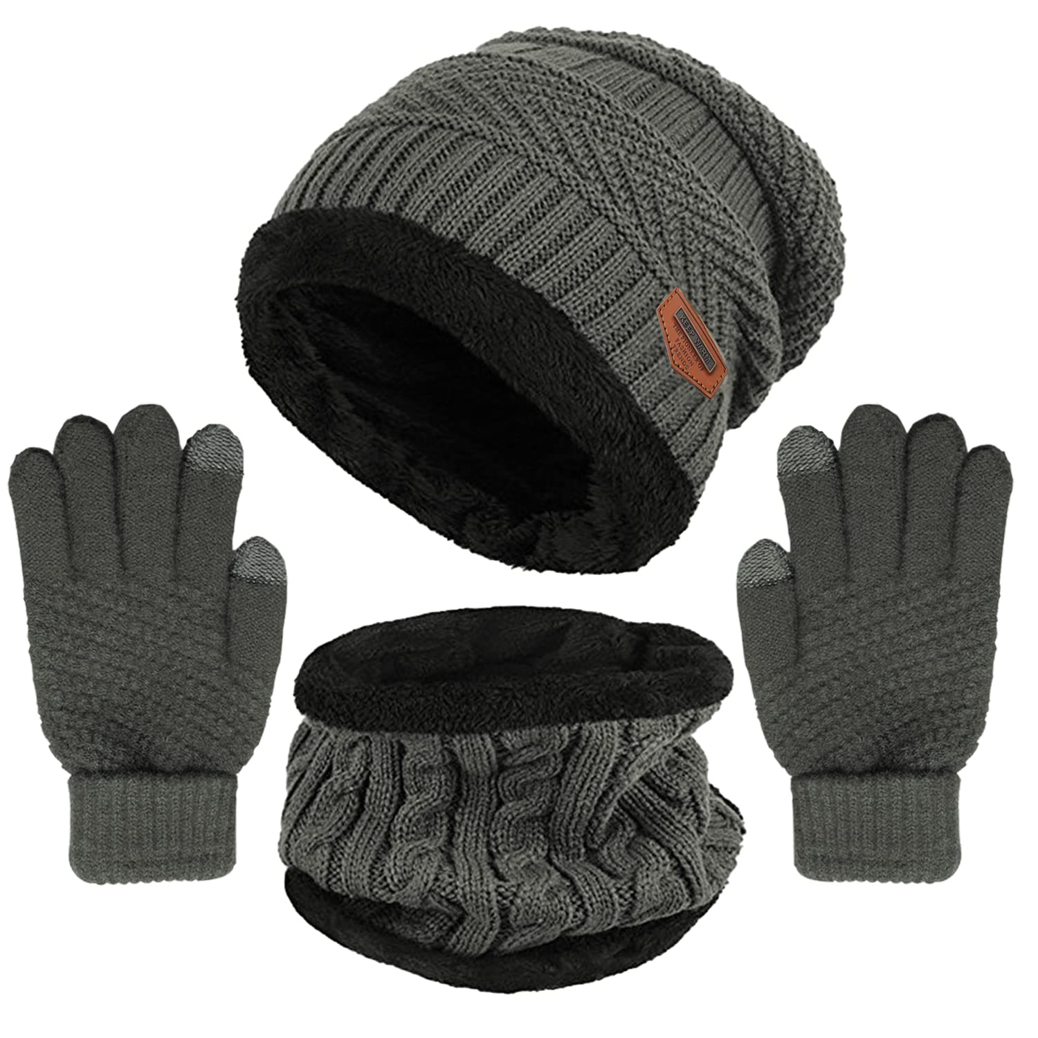 Winter Knit Beanie Hat, Neck Warmer & Touch Screen Gloves Set - Fleece Lined Skull Cap & Infinity Scarf for Men & Women | Cold Weather Accessories for Skiing, Snowboarding & Outdoor Activities
