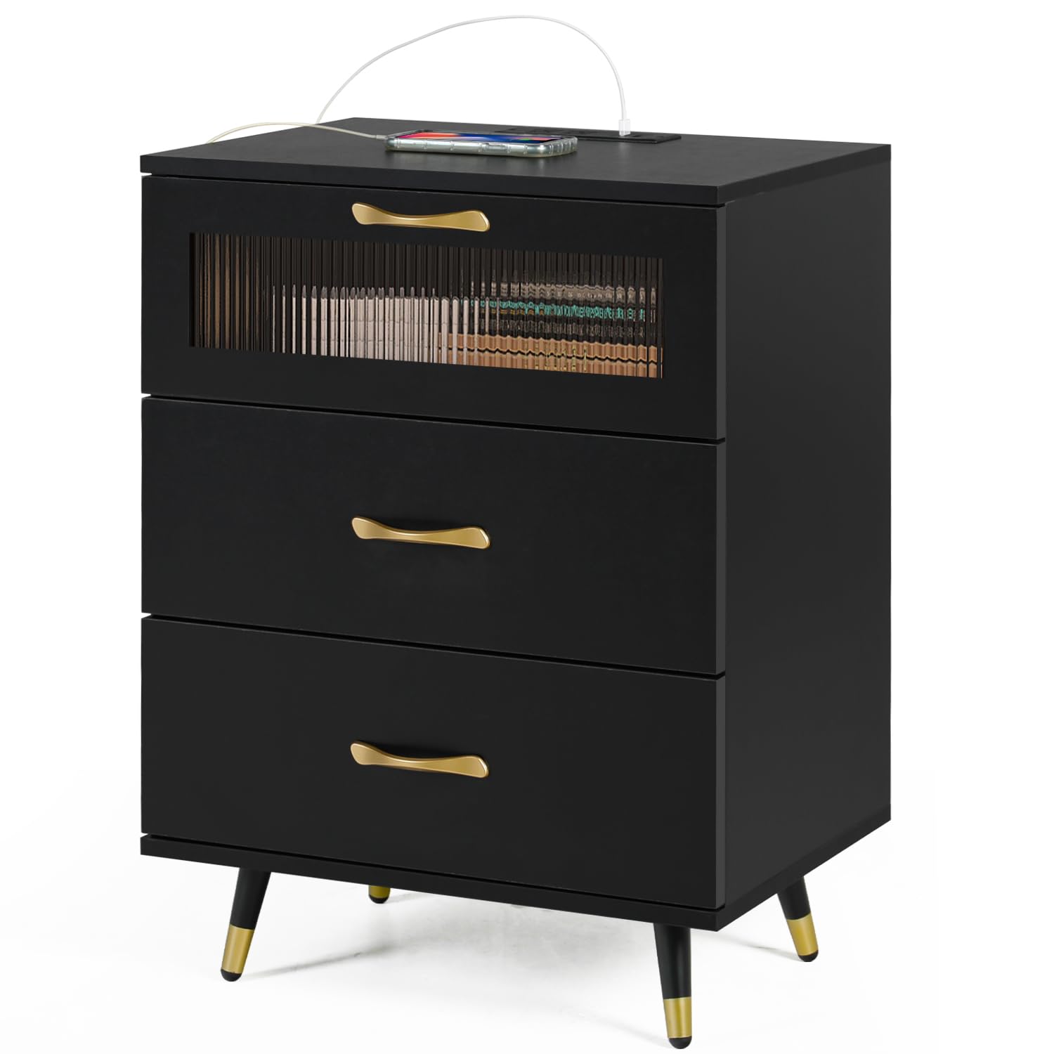 Modern Black 3-Drawer Nightstand with USB Charging Port - Bedside Cabinet Dresser for Bedroom, Living Room & Home Decor - Perfect for Storing Essentials, Charging Devices & Enhancing Bedroom Organization