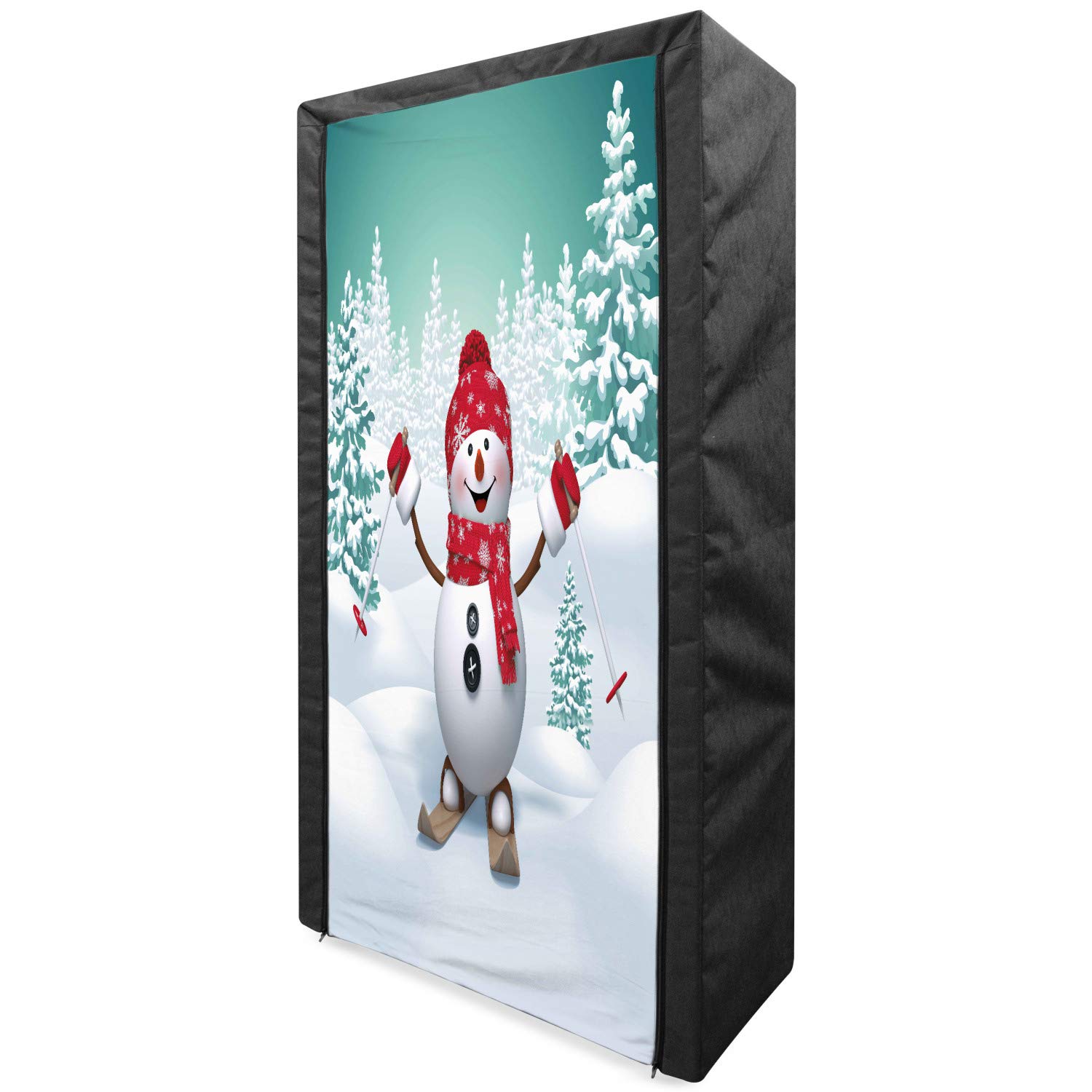 Ambesonne Christmas Portable Fabric Wardrobe - Snowy Mountain Fir Trees & Skiing Snowman Holiday Design - 33.5