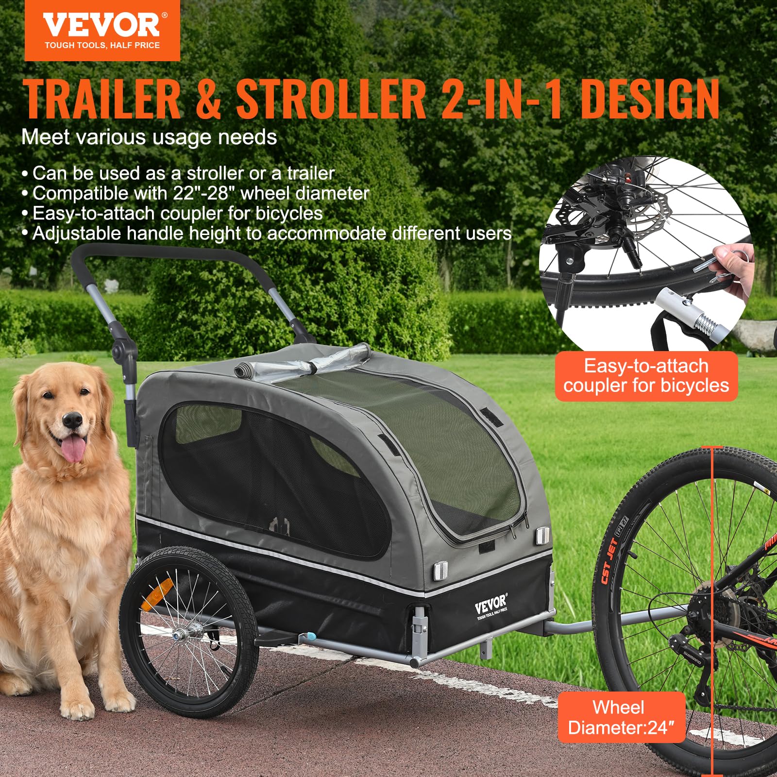 VEVOR 2-in-1 Dog Bike Trailer & Pet Stroller - Heavy Duty 88 lbs Capacity Bicycle Carrier for Large Dogs - Foldable Frame with Quick Release Wheels, Universal Coupler, Safety Reflectors & Flag (Black/Gray) - Perfect for Cycling Adventures, Park Visits & Outdoor Activities with Your Pet